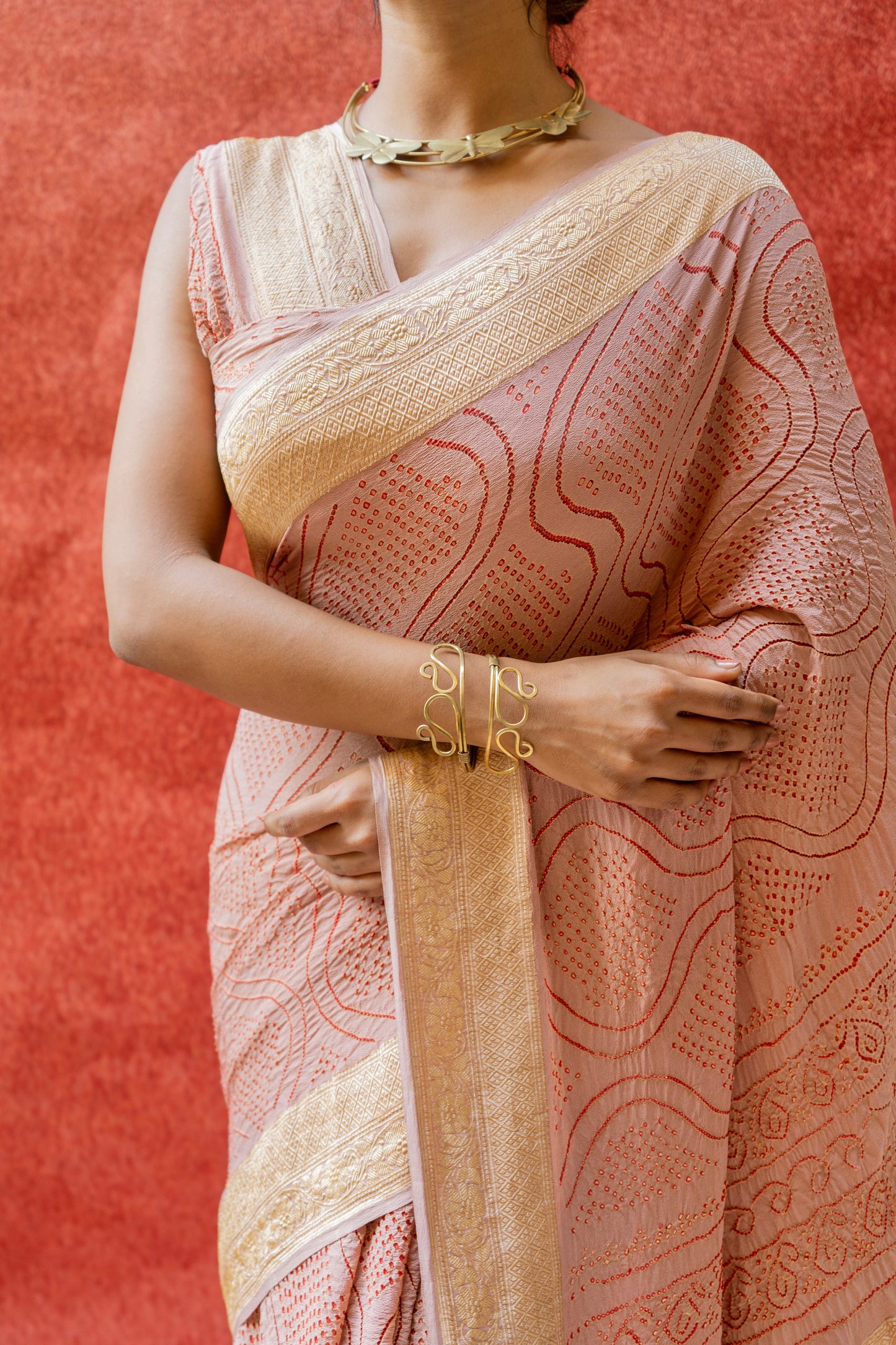 Georgette Red Rai Dana Onion Bandhej Saree