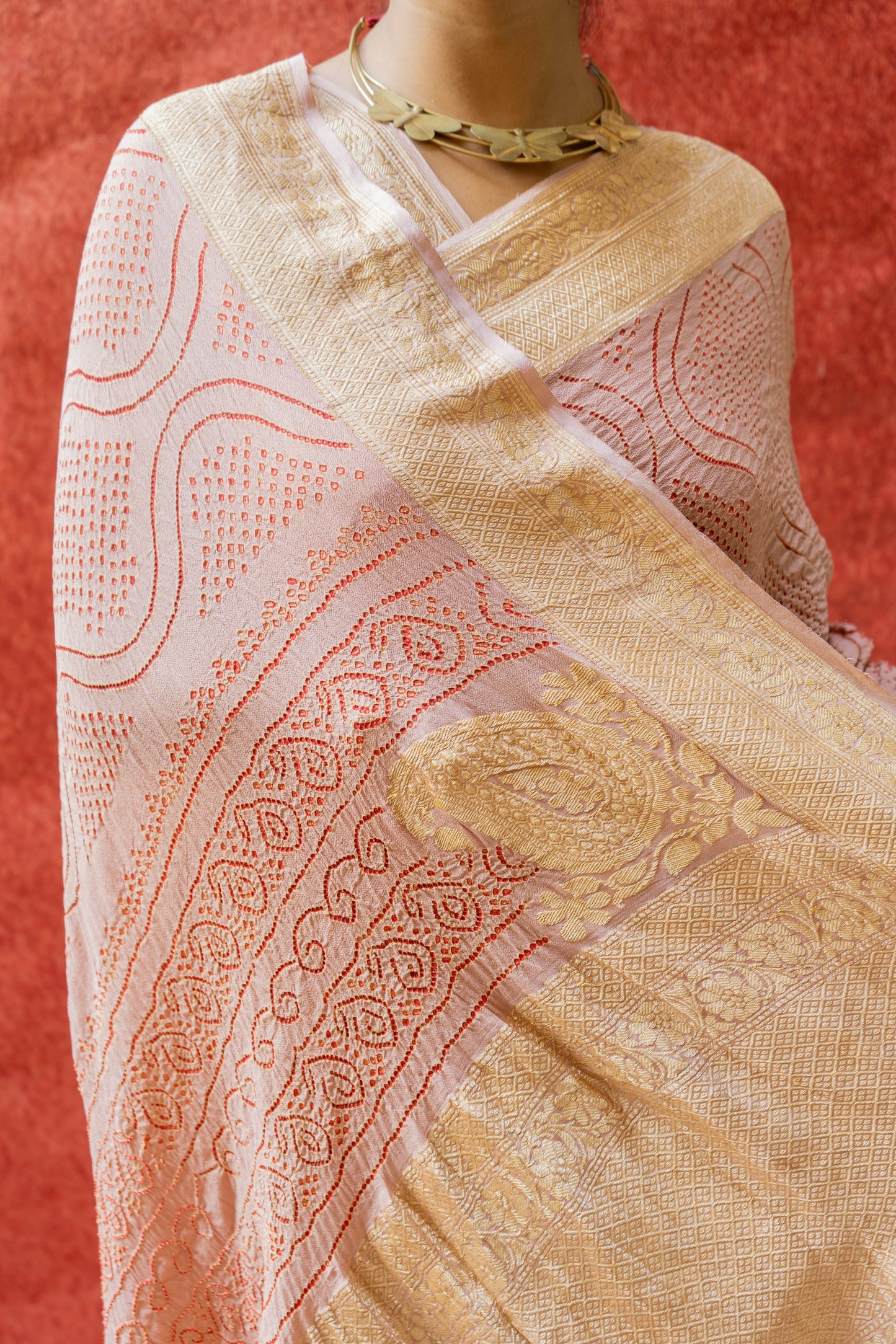 Georgette Red Rai Dana Onion Bandhej Saree