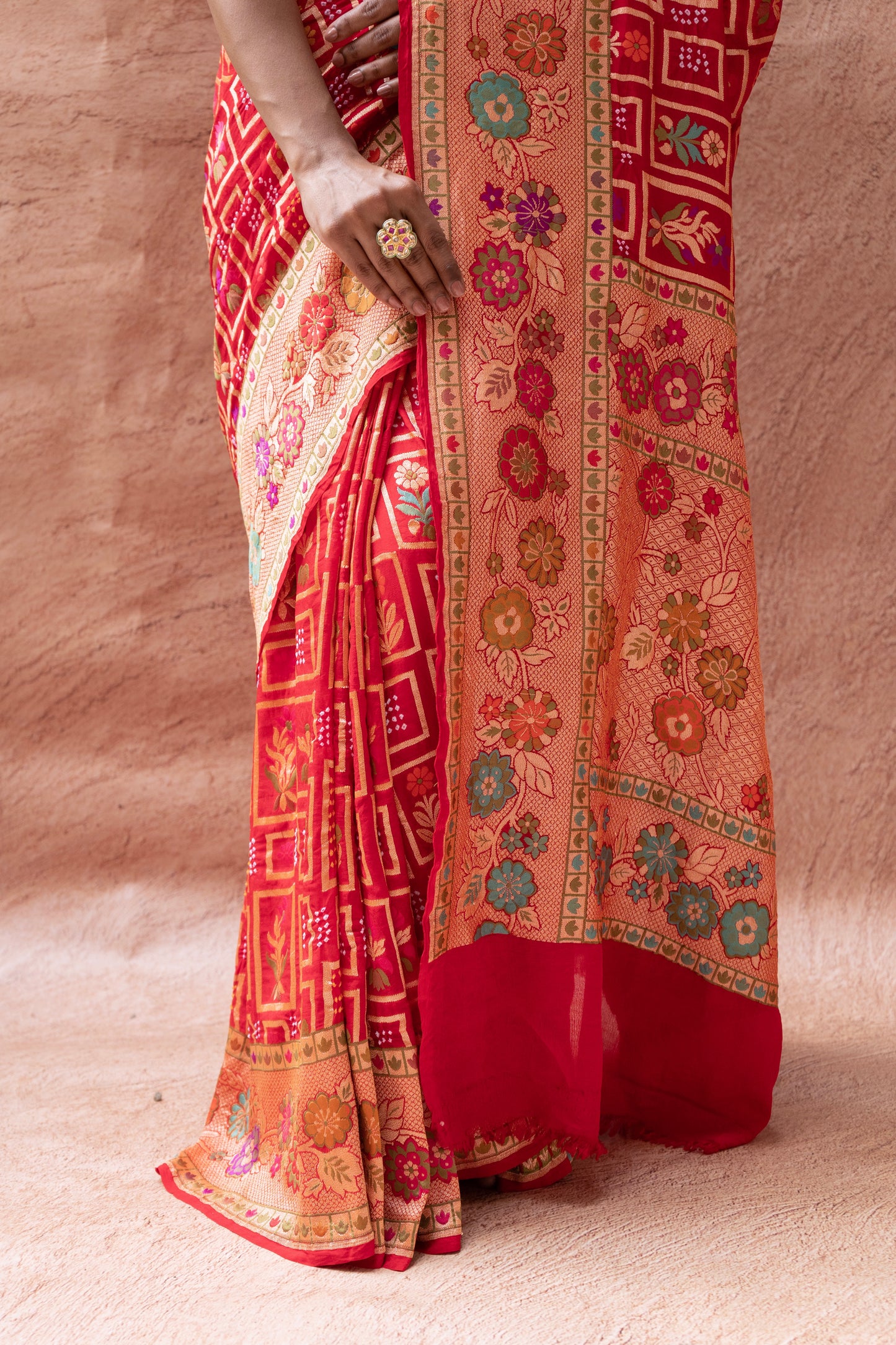 Neemzari Tilfi Meenakari Red Bandhej Saree