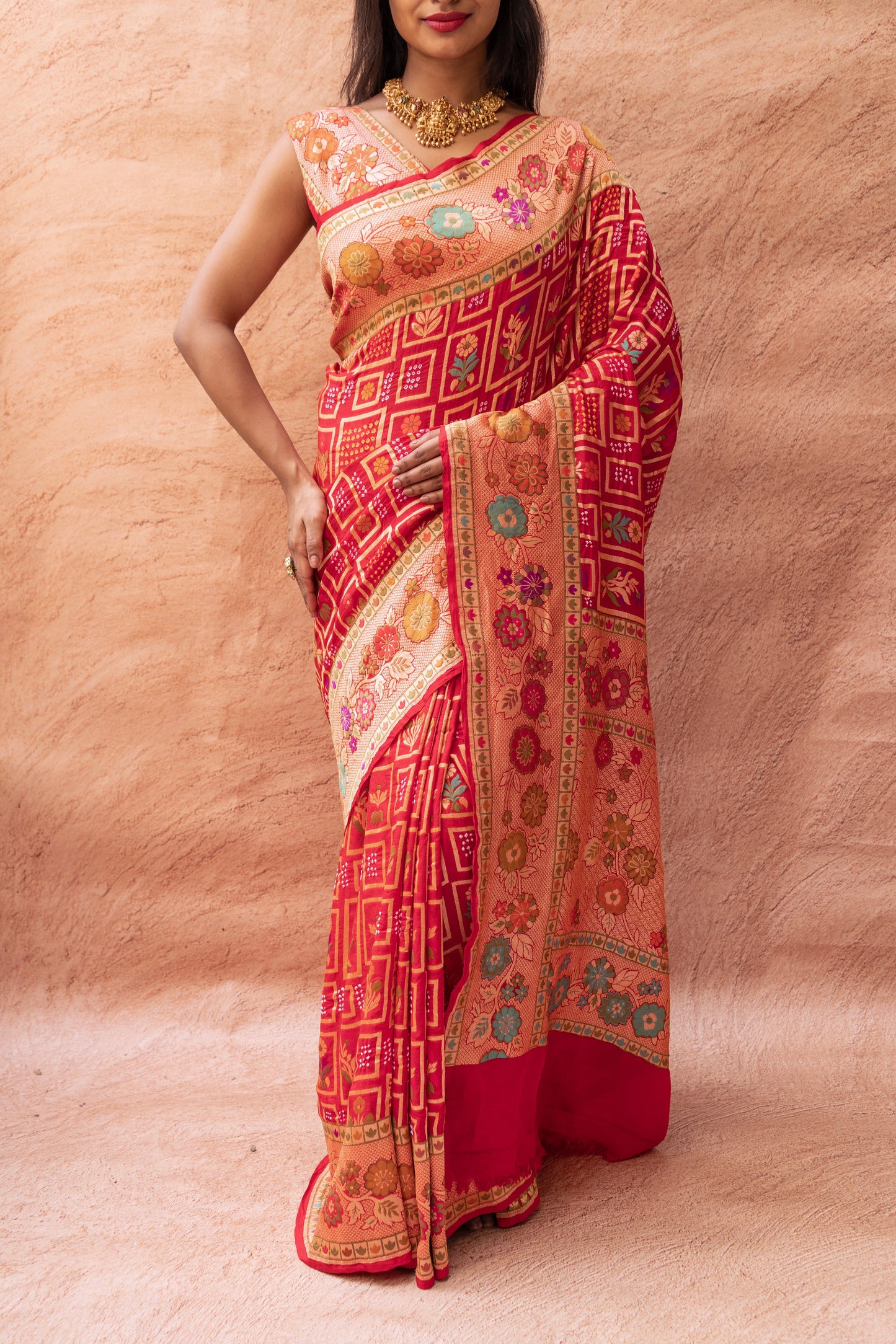 Neemzari Tilfi Meenakari Red Bandhej Saree