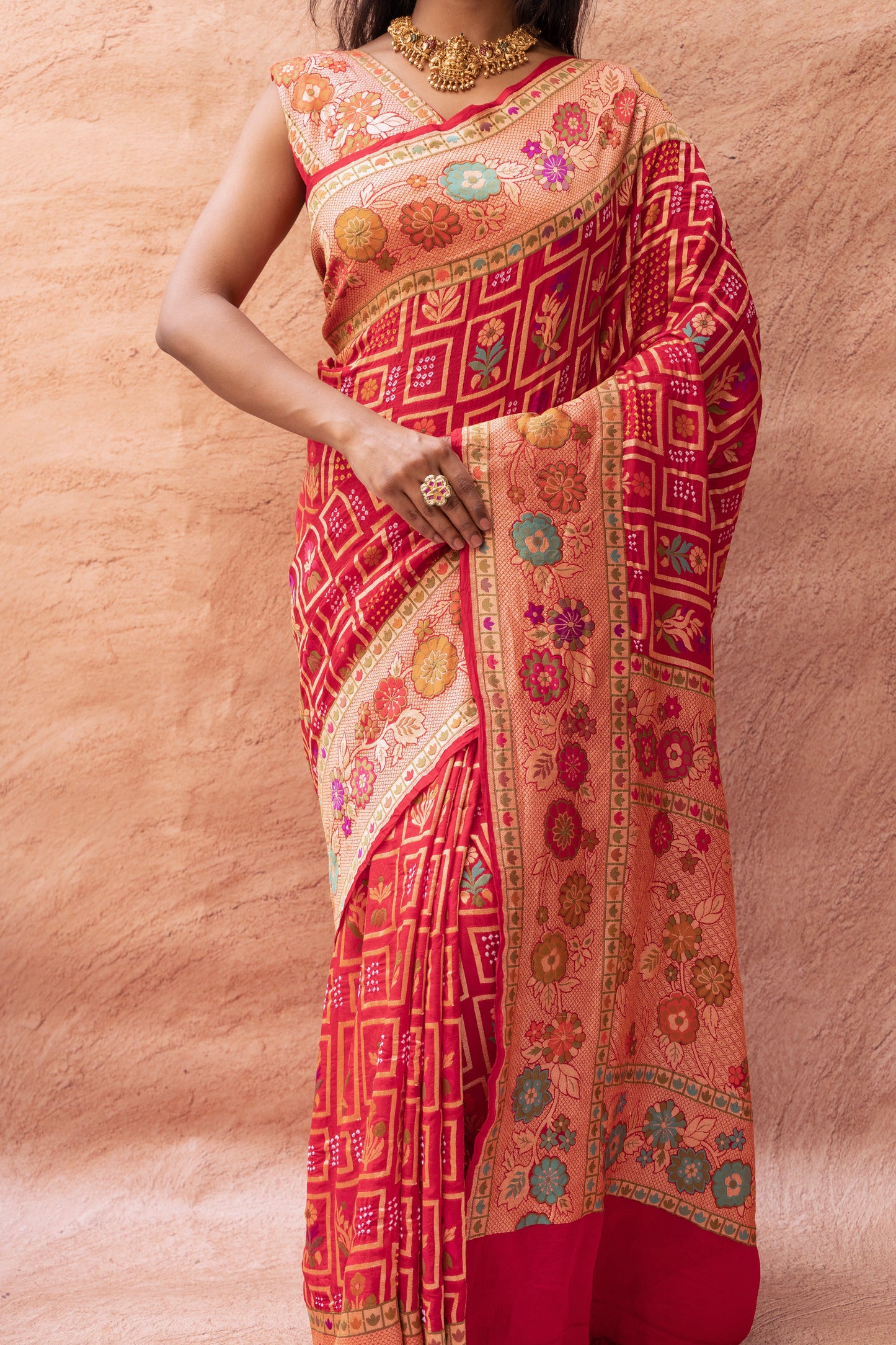 Neemzari Tilfi Meenakari Red Bandhej Saree