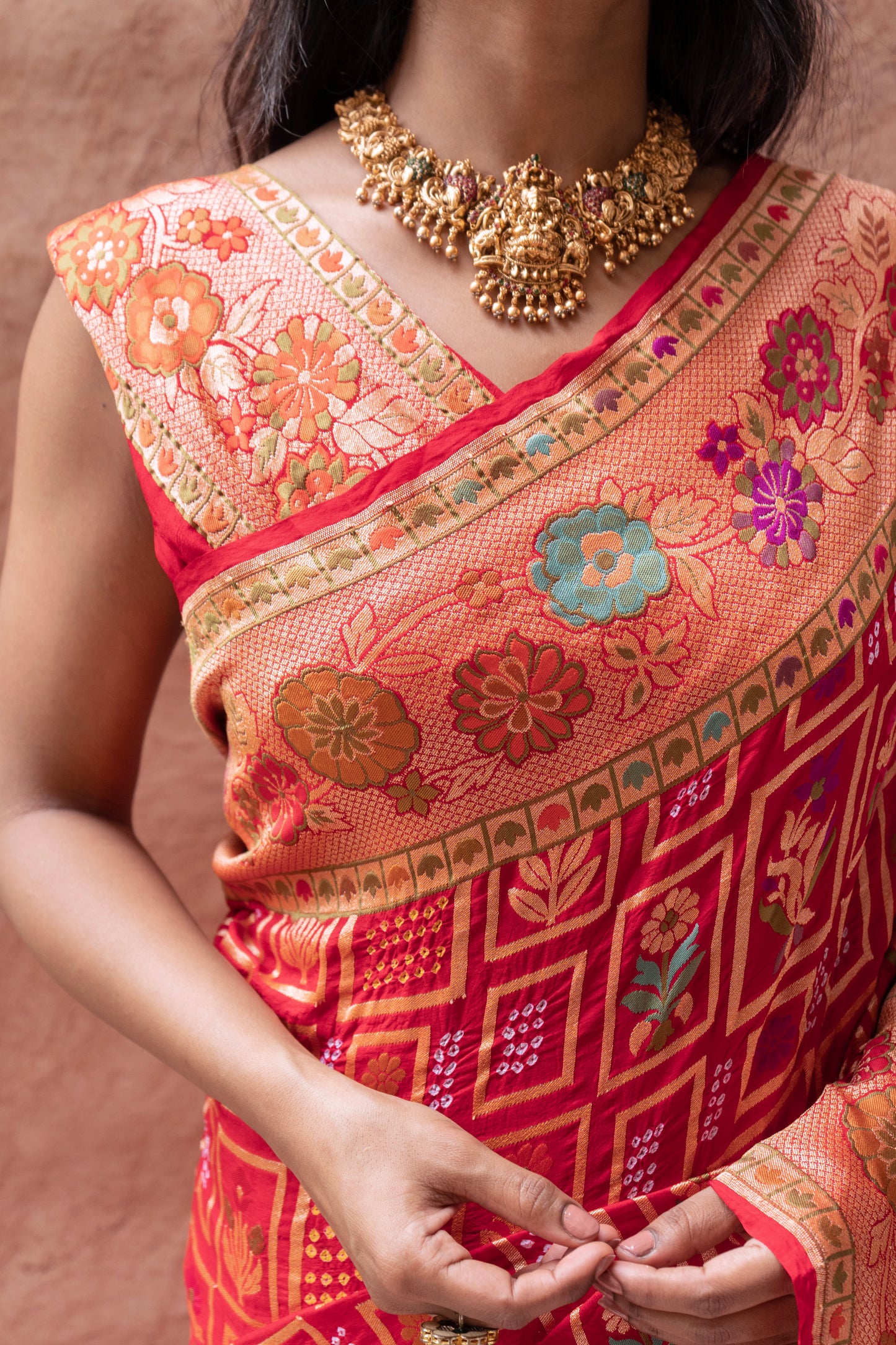 Neemzari Tilfi Meenakari Red Bandhej Saree