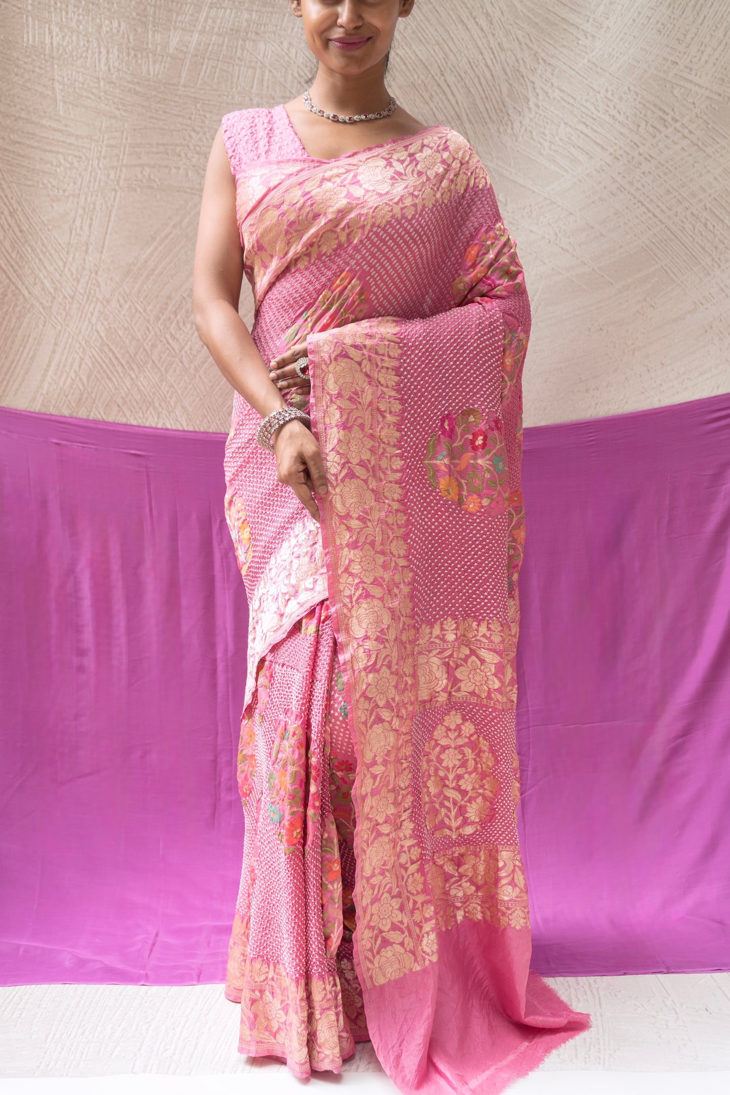 Katan Meenakari Floral Rai Dana- Onion Pink Saree