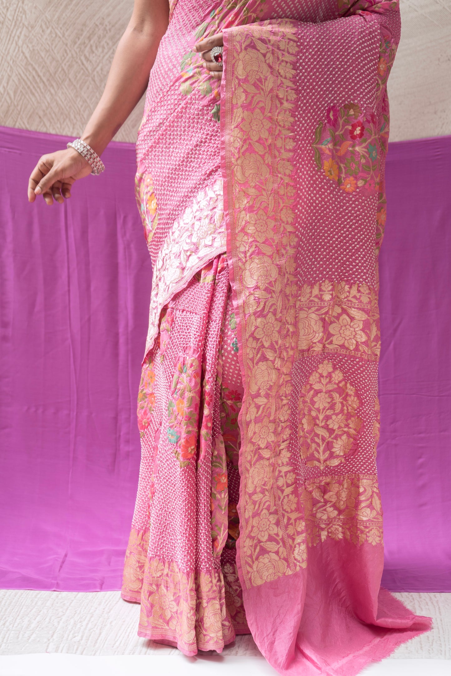 Katan Meenakari Floral Rai Dana- Onion Pink Saree