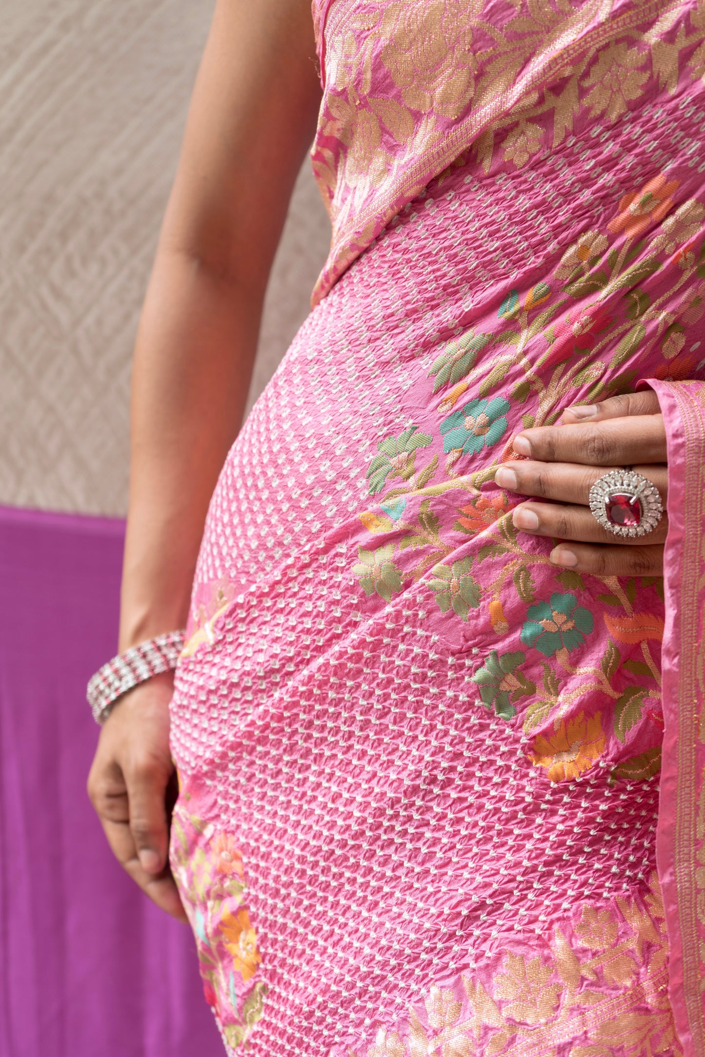 Katan Meenakari Floral Rai Dana- Onion Pink Saree
