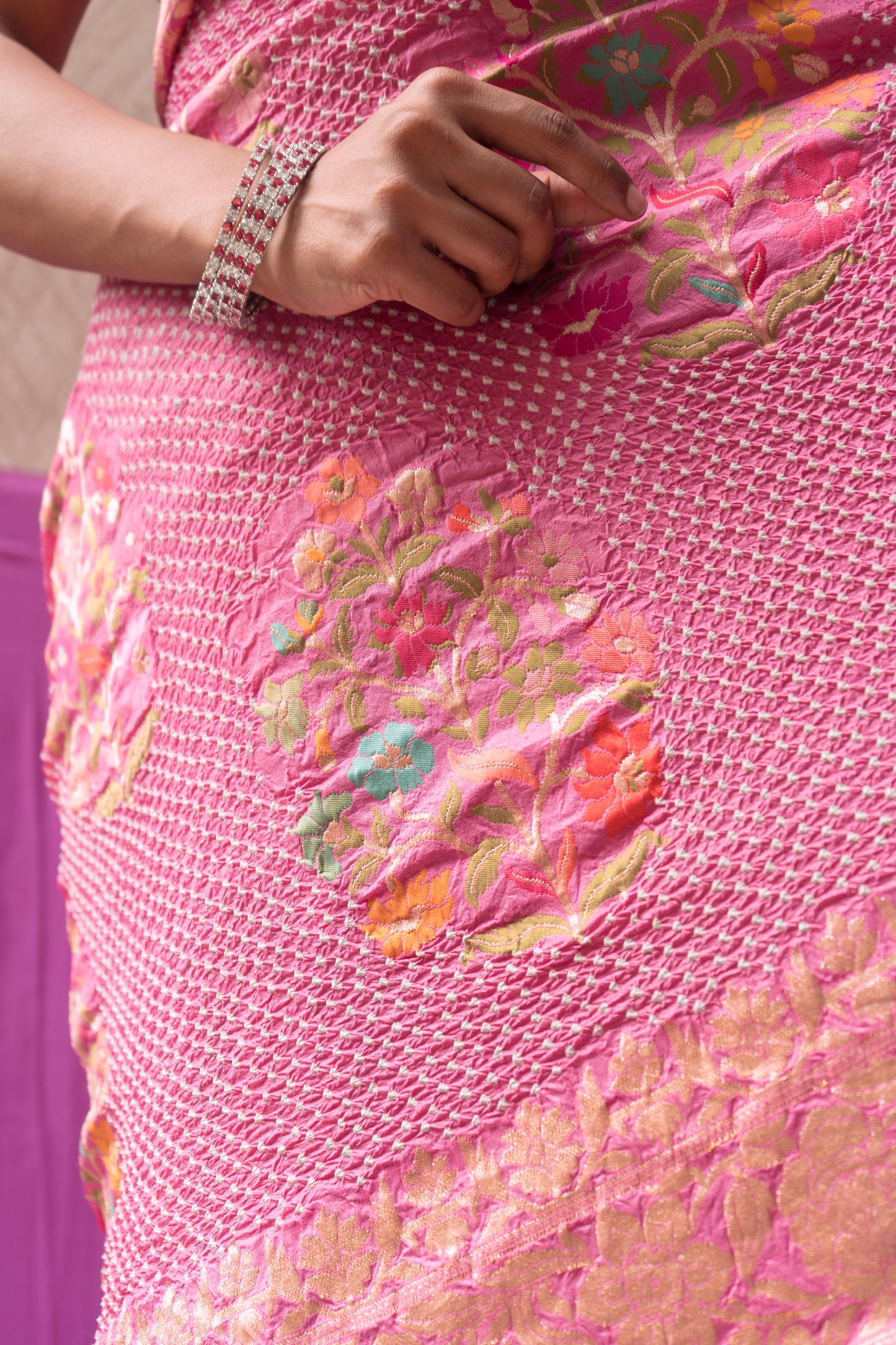 Katan Meenakari Floral Rai Dana- Onion Pink Saree