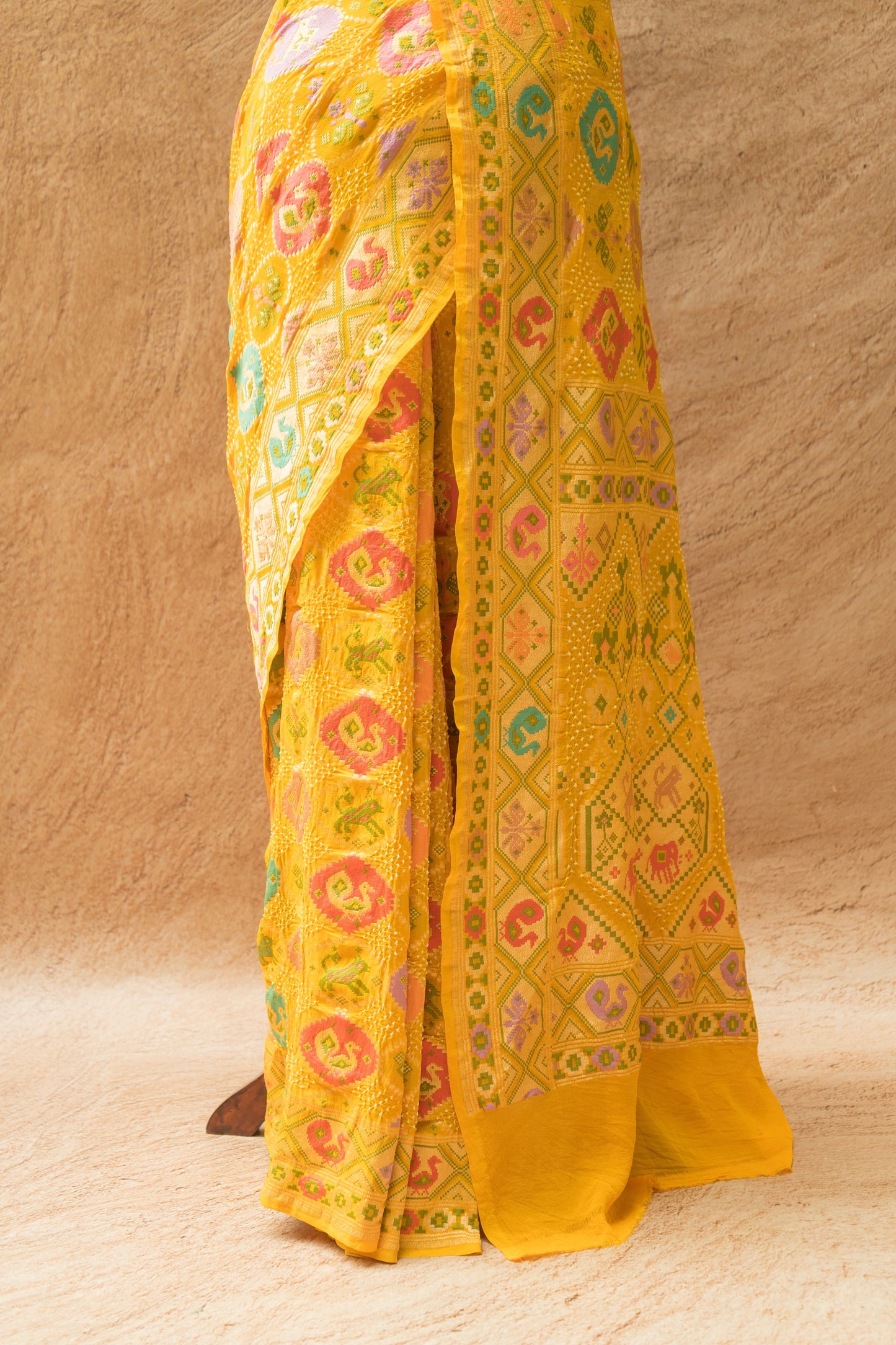 Neemzari Tilfi Meenakari Yellow Bandhej Saree