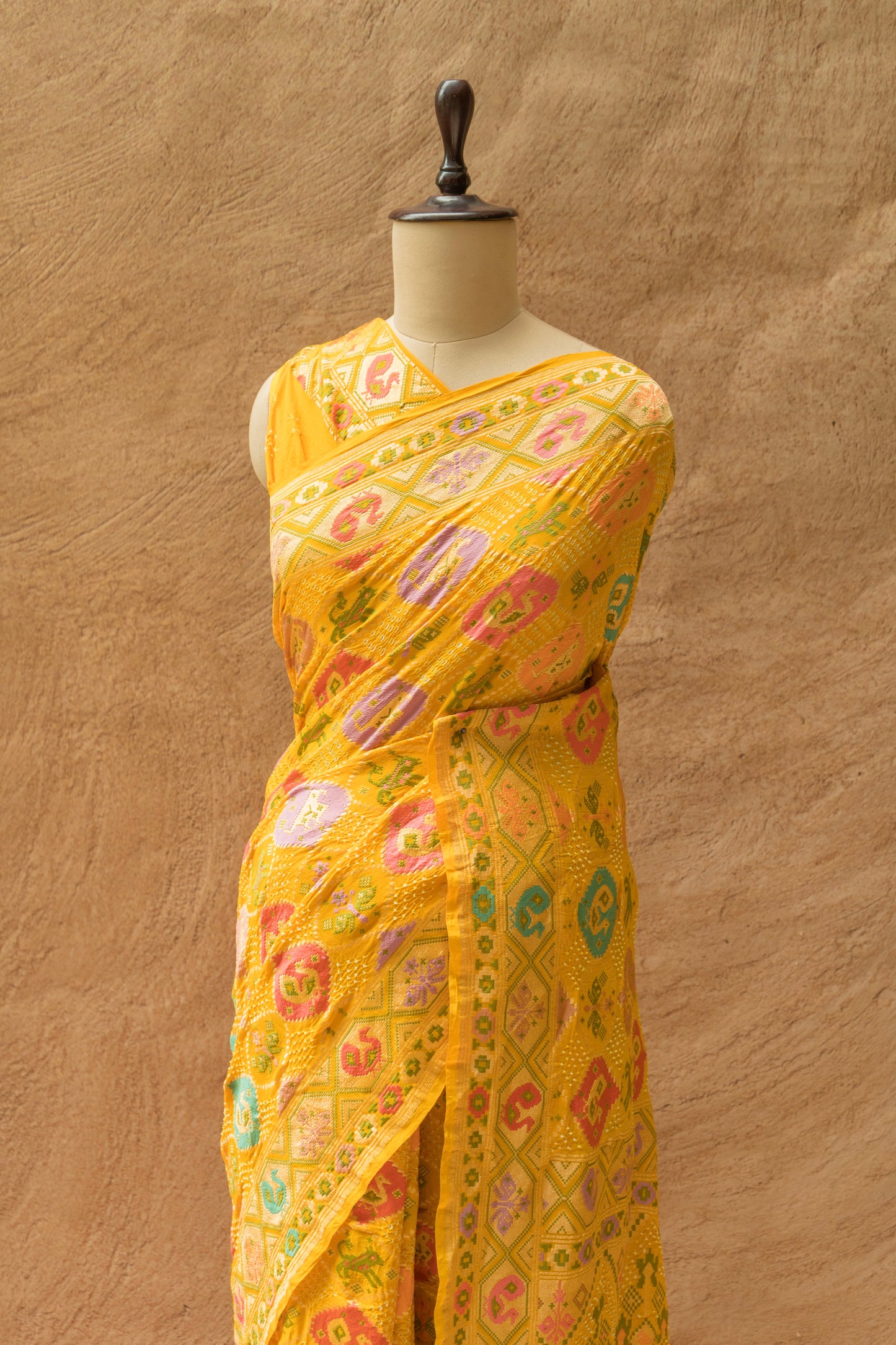 Neemzari Tilfi Meenakari Yellow Bandhej Saree