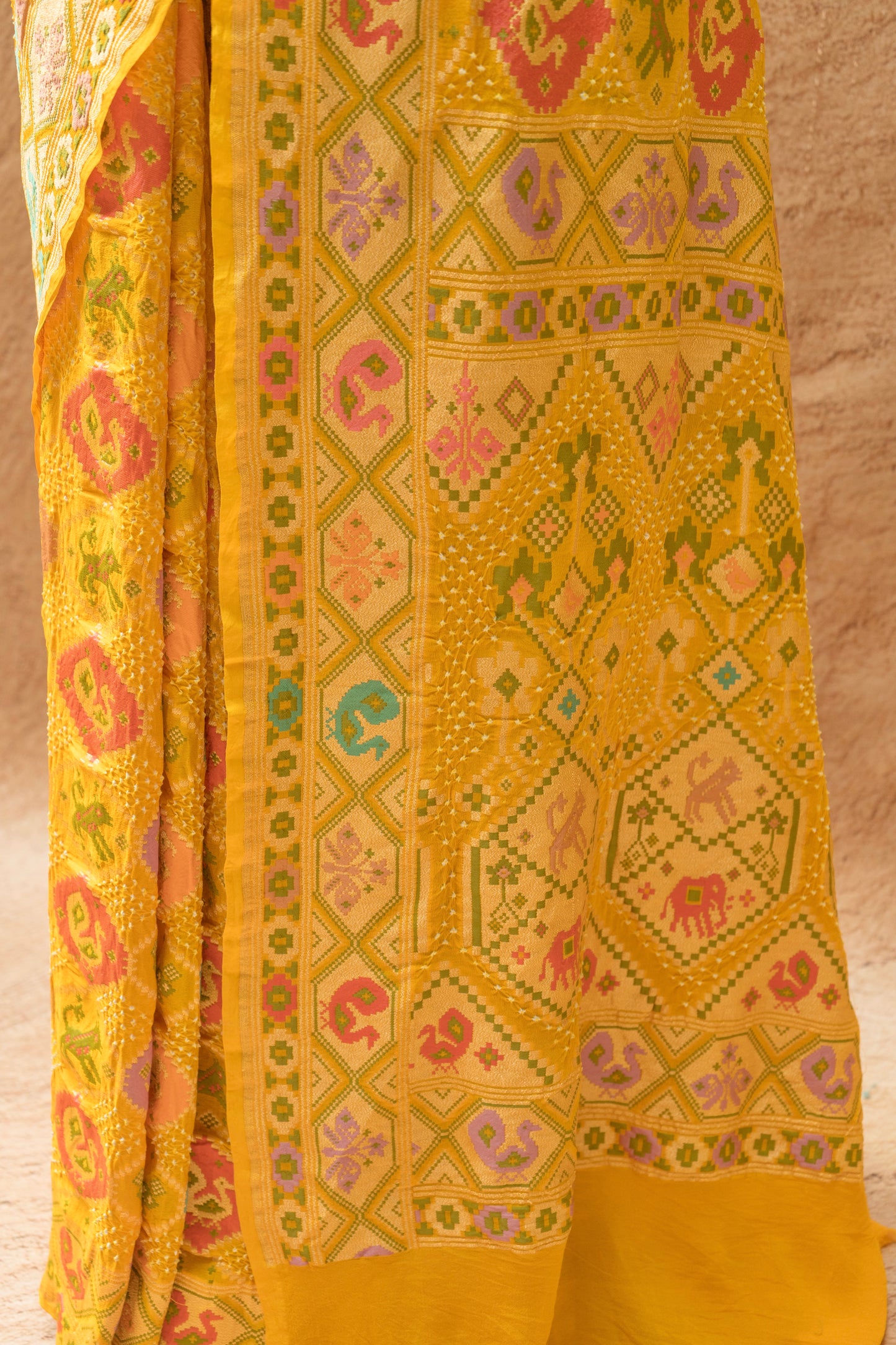 Neemzari Tilfi Meenakari Yellow Bandhej Saree