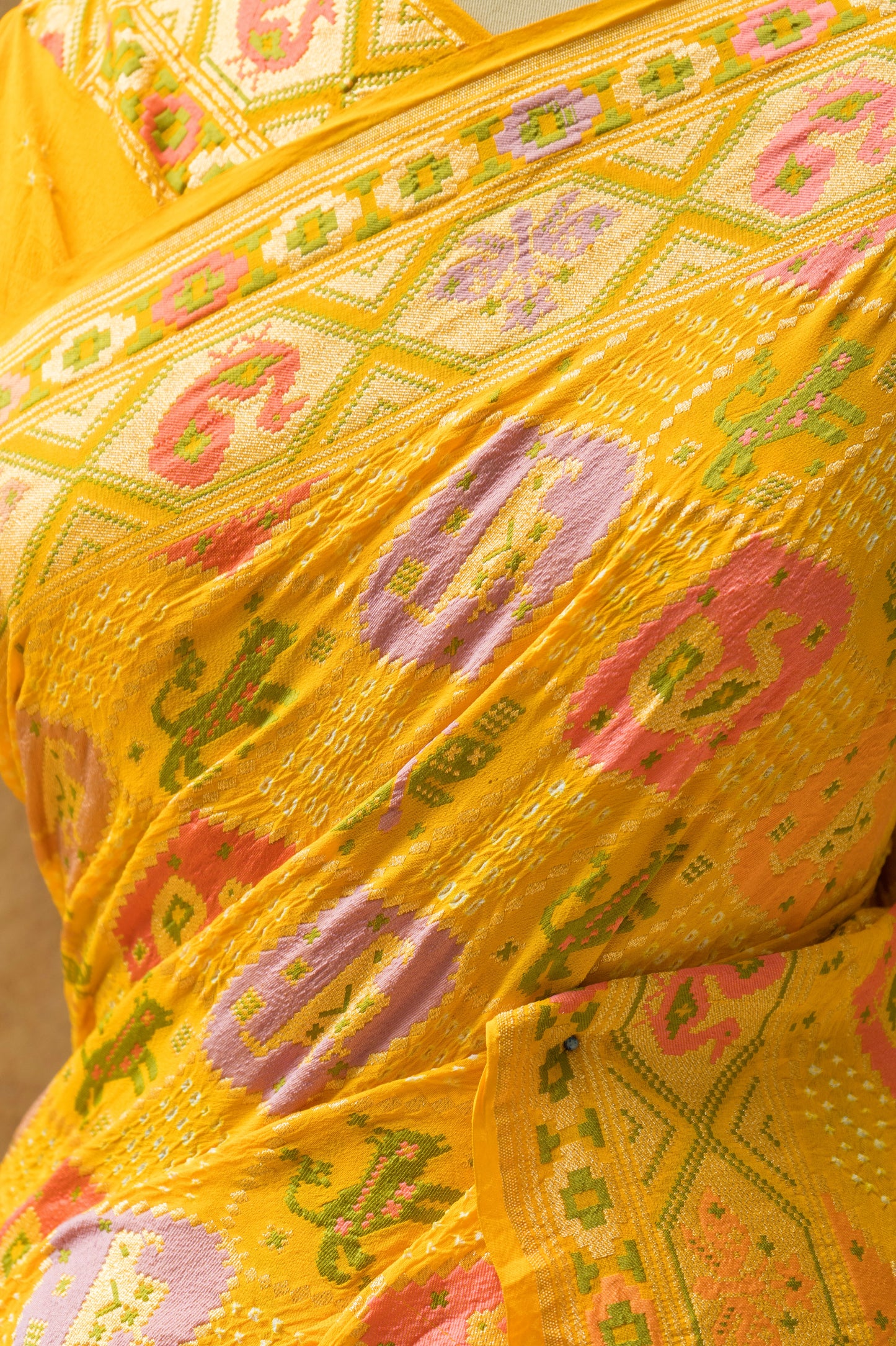 Neemzari Tilfi Meenakari Yellow Bandhej Saree