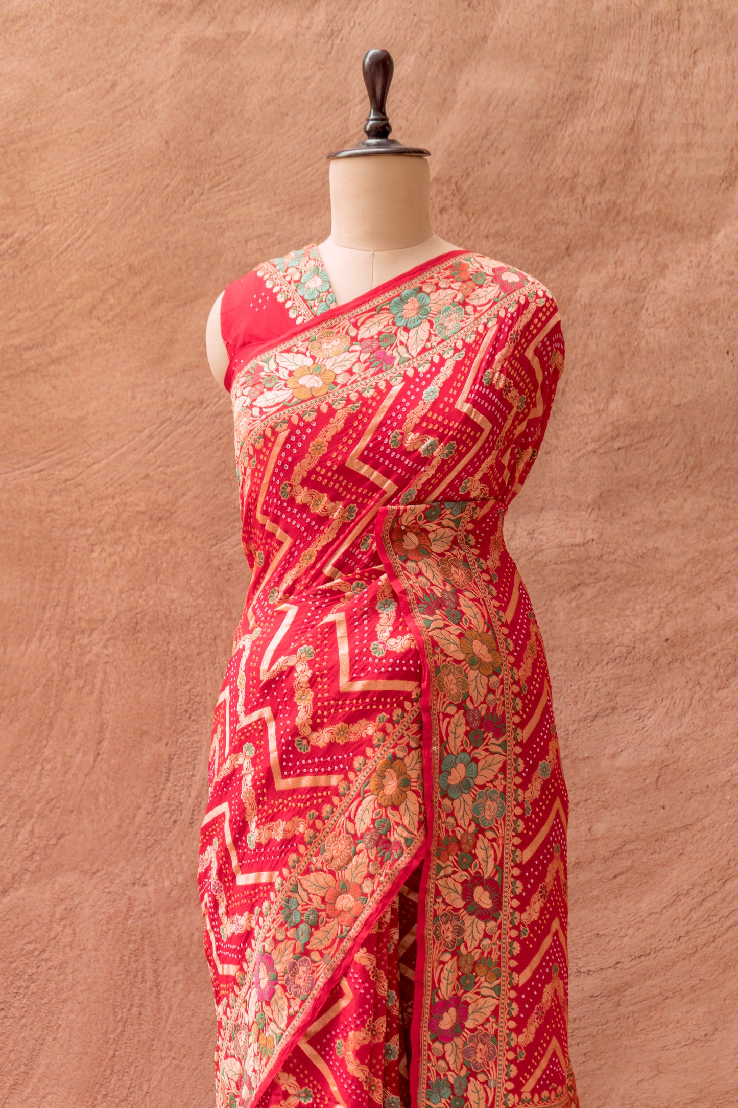 Neemzari Tilfi Meenakari Zig-Zag Bandhej Red Saree