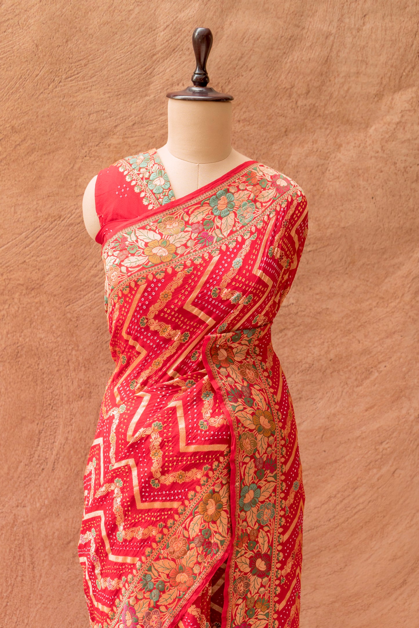 Neemzari Tilfi Meenakari Zig-Zag Bandhej Red Saree
