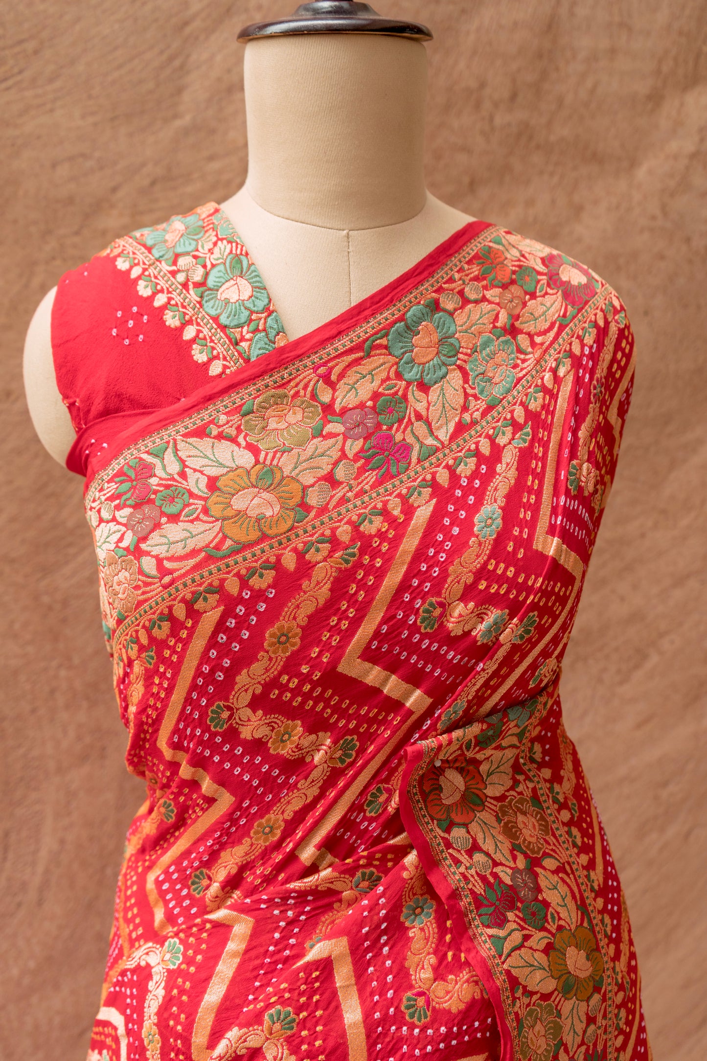 Neemzari Tilfi Meenakari Zig-Zag Bandhej Red Saree