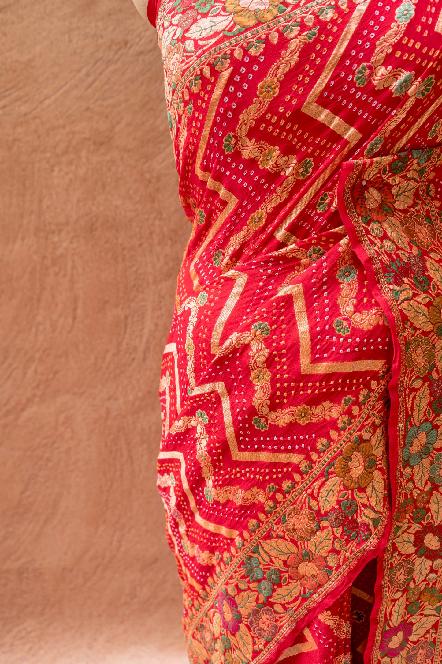Neemzari Tilfi Meenakari Zig-Zag Bandhej Red Saree