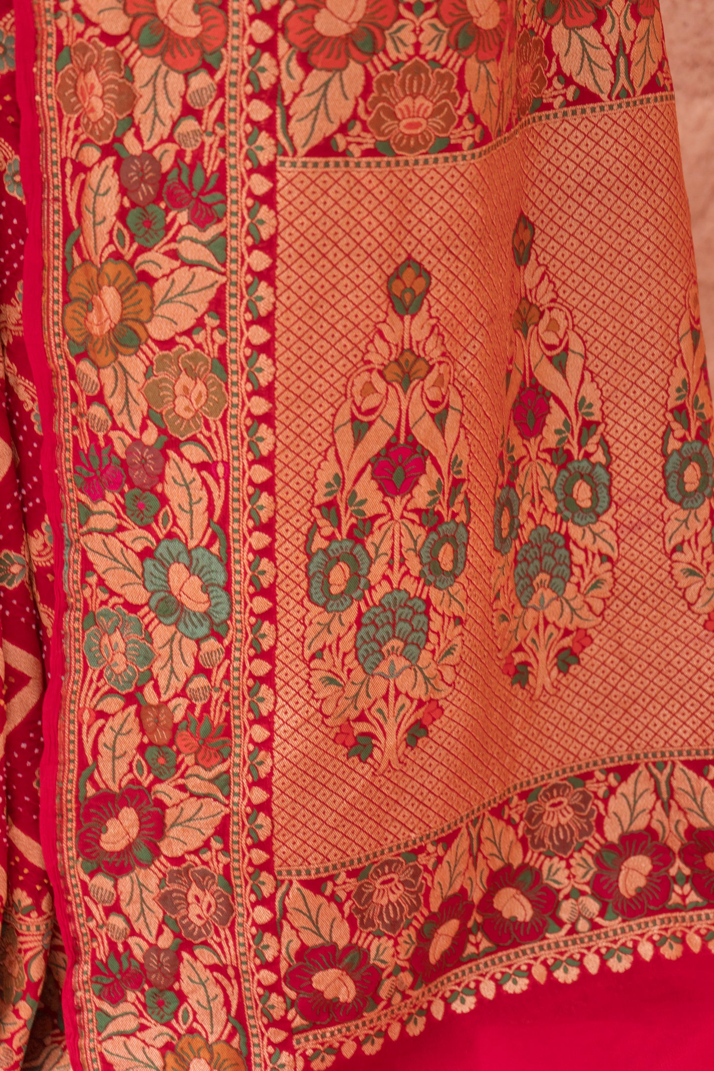 Neemzari Tilfi Meenakari Zig-Zag Bandhej Red Saree