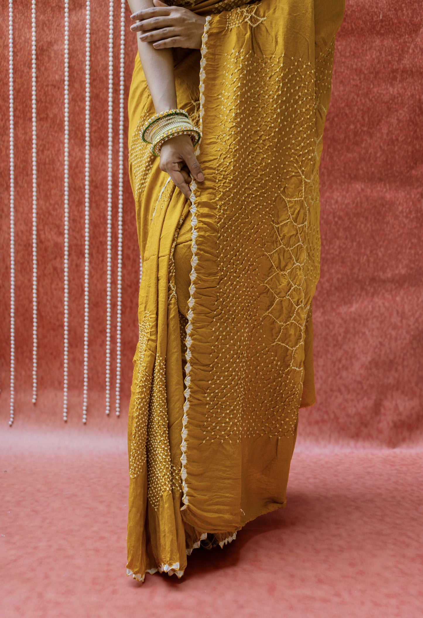 Moonga Rai Dana Mustard Bandhej Saree