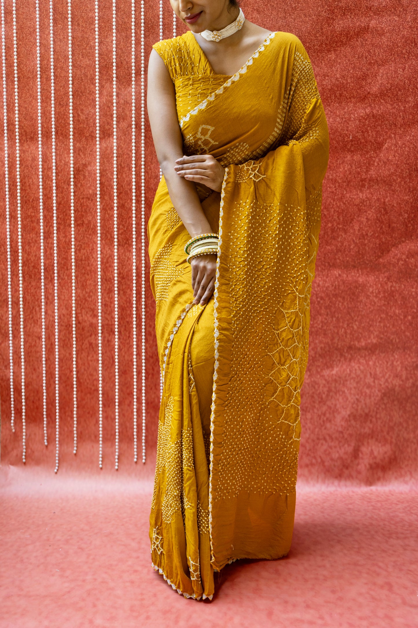 Moonga Rai Dana Mustard Bandhej Saree