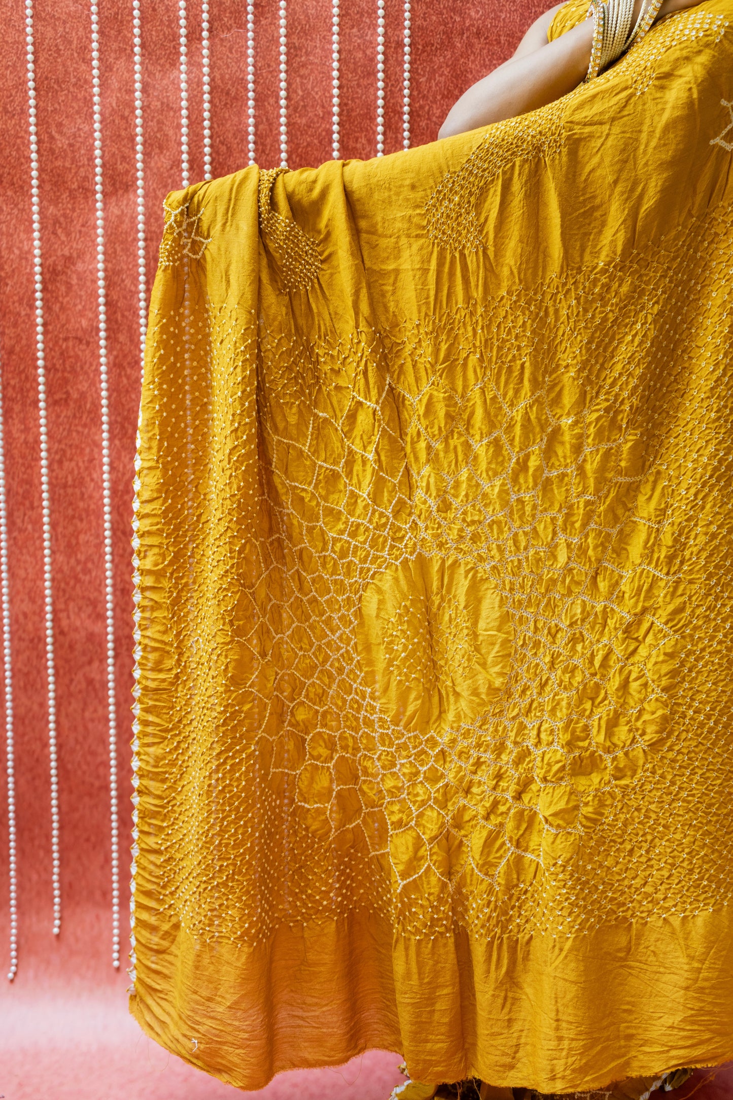 Moonga Rai Dana Mustard Bandhej Saree