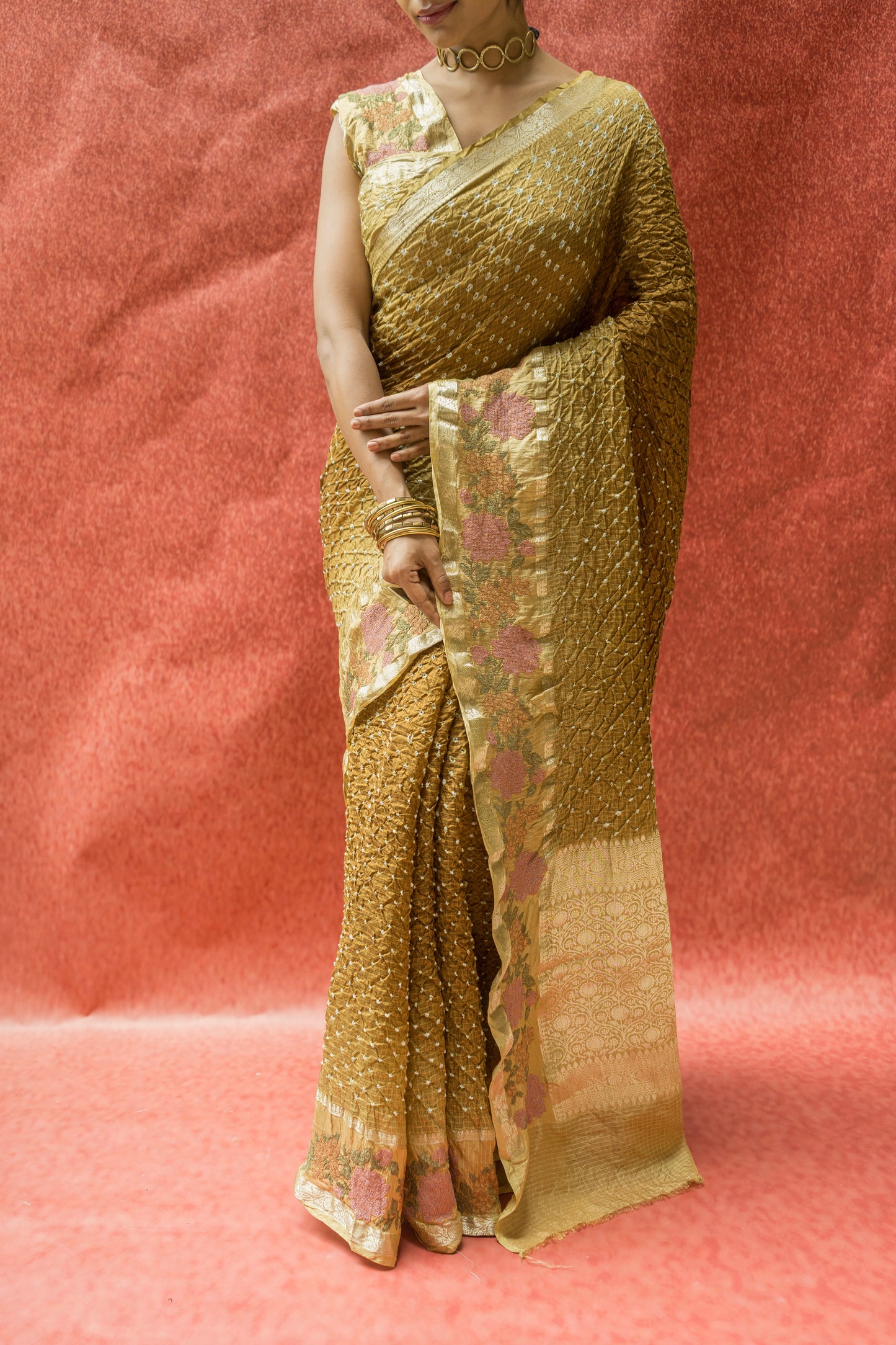 Kota Shaded Mehendi Green Bandhej Embroidered Saree