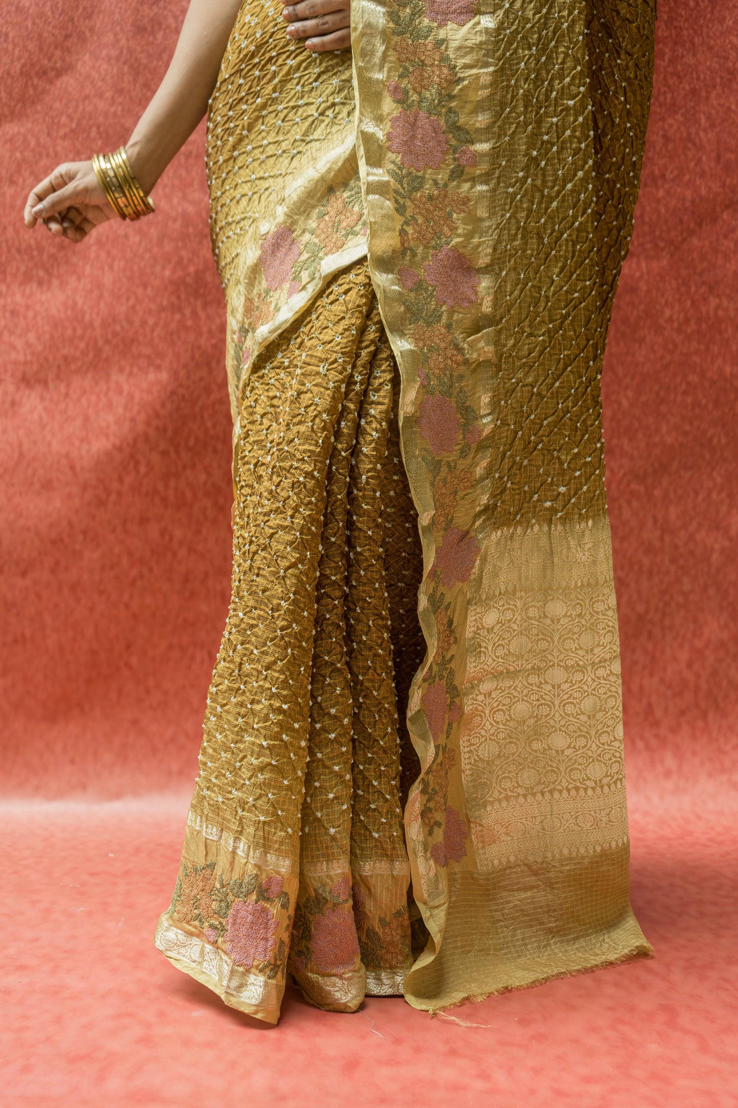 Kota Shaded Mehendi Green Bandhej Embroidered Saree