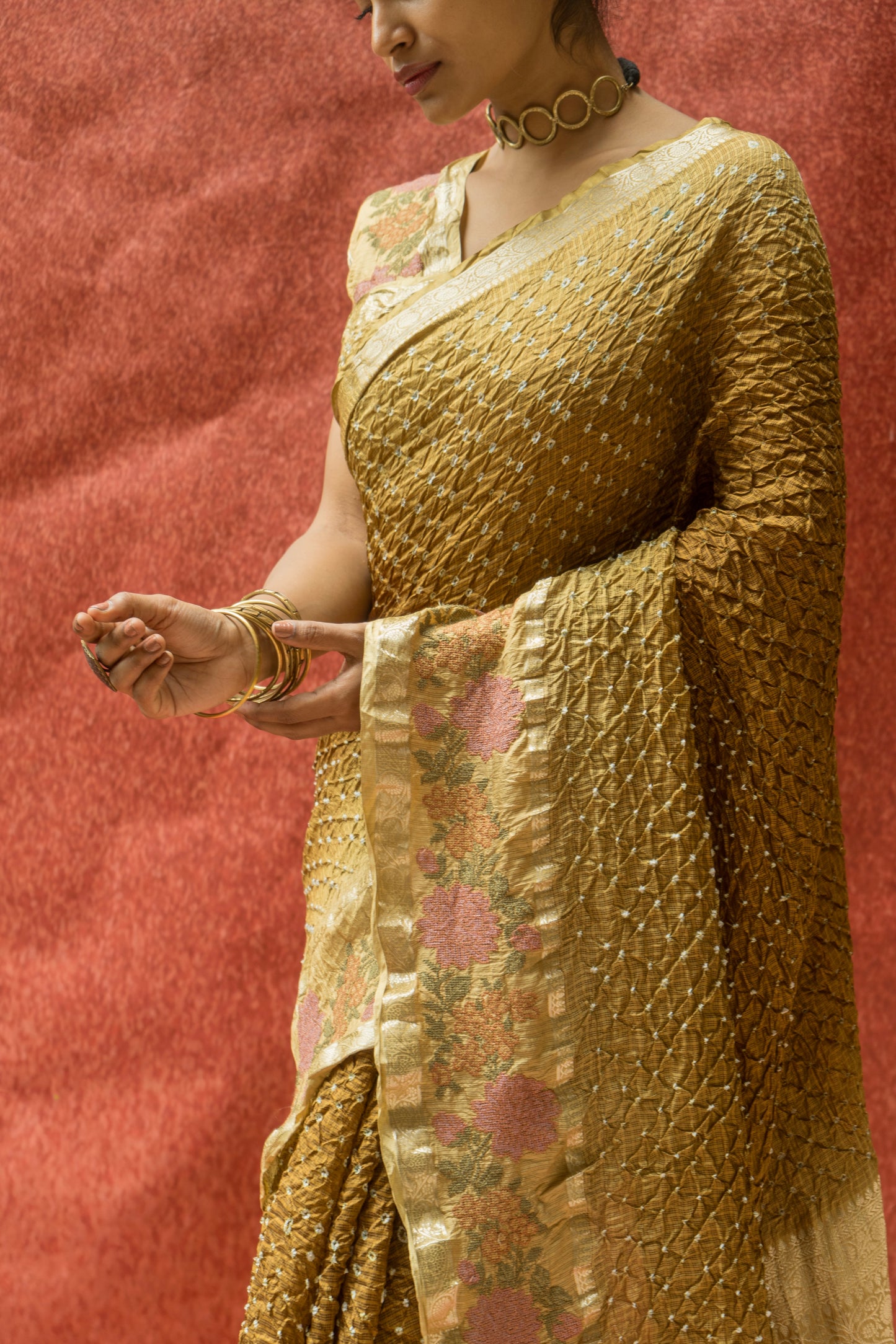 Kota Shaded Mehendi Green Bandhej Embroidered Saree