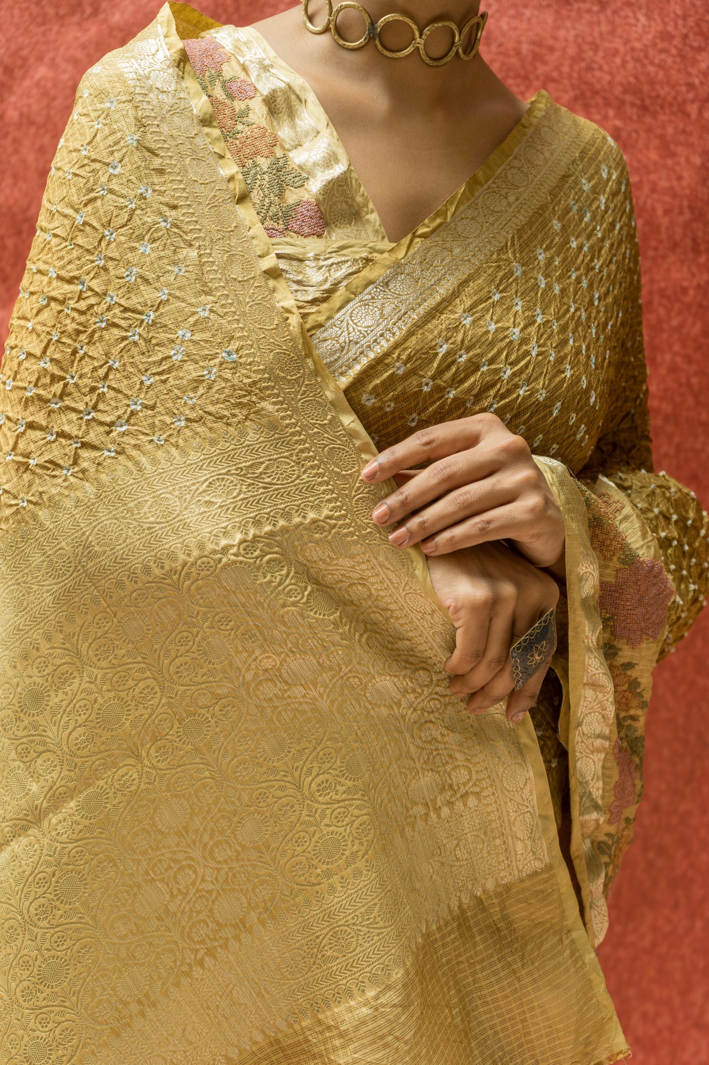 Kota Shaded Mehendi Green Bandhej Embroidered Saree