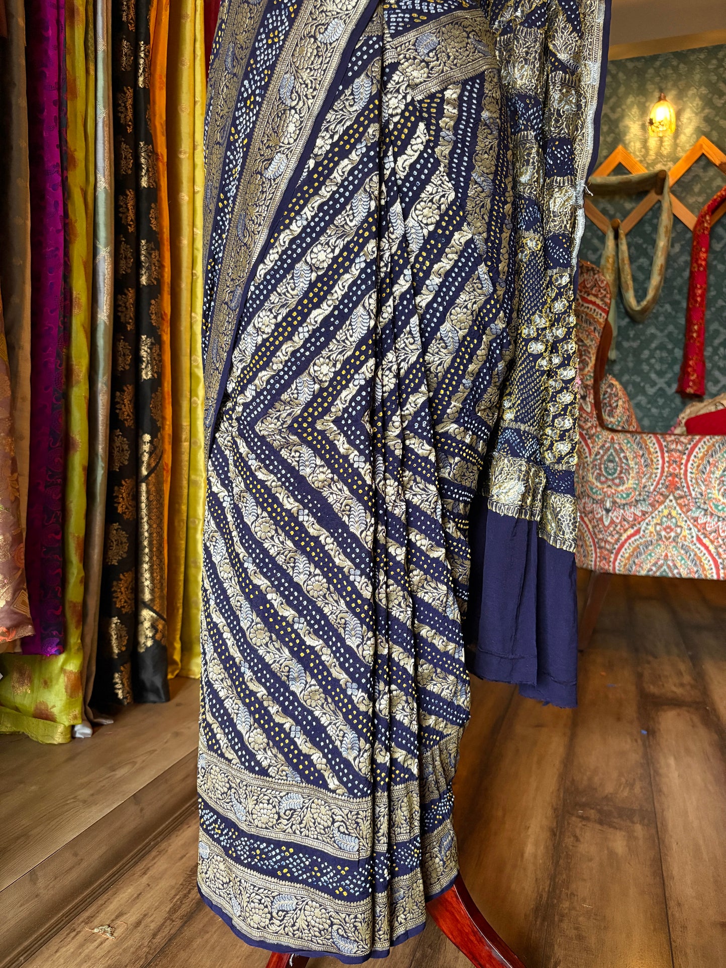 Georgette Double Border Leheriya Bandhej- Royal Blue Saree