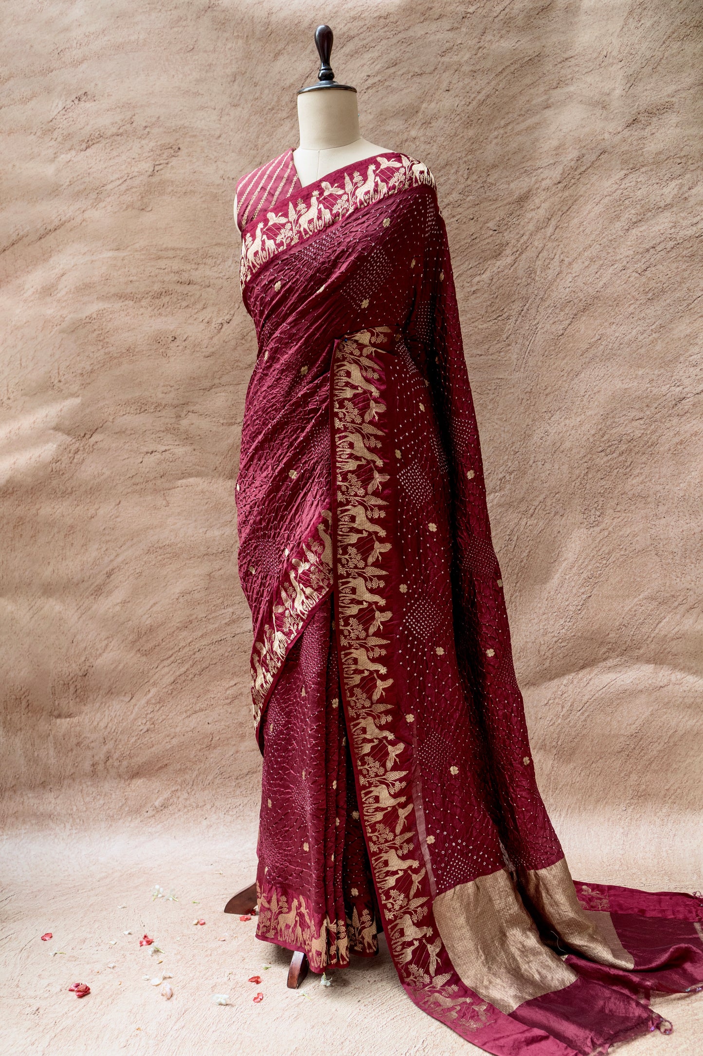 Katan Animal Weaving Satin Border Bandhej Maroon Saree