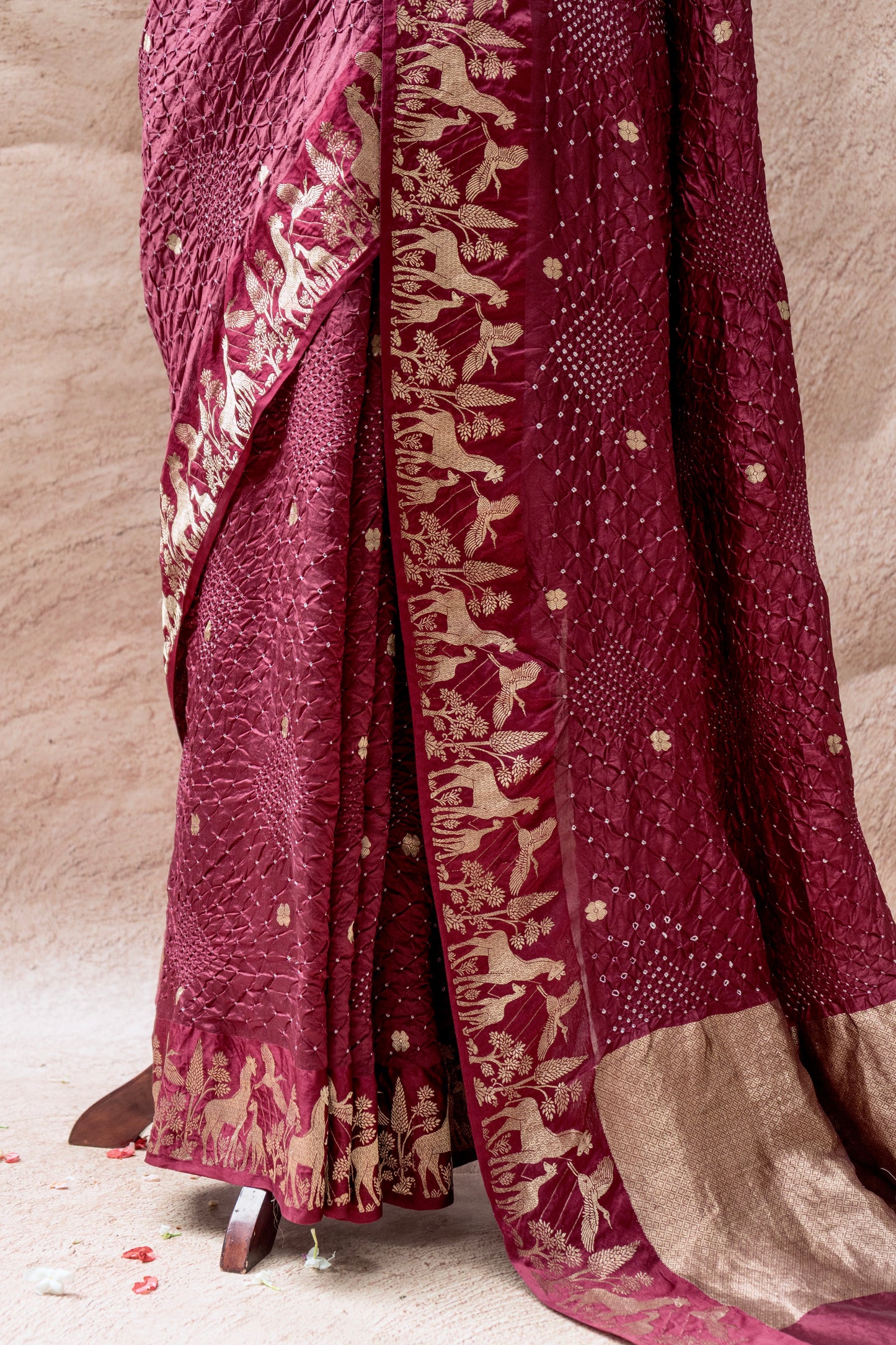 Katan Animal Weaving Satin Border Bandhej Maroon Saree