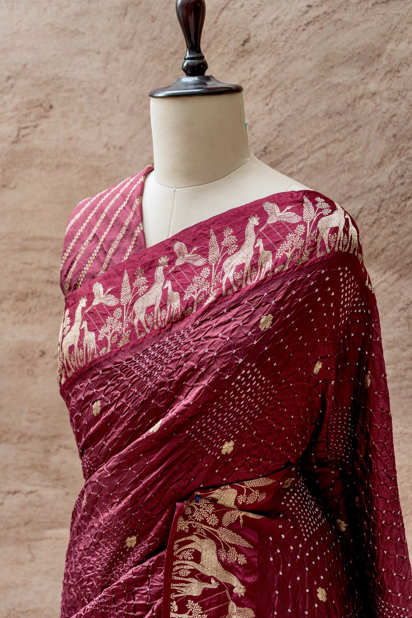 Katan Animal Weaving Satin Border Bandhej Maroon Saree