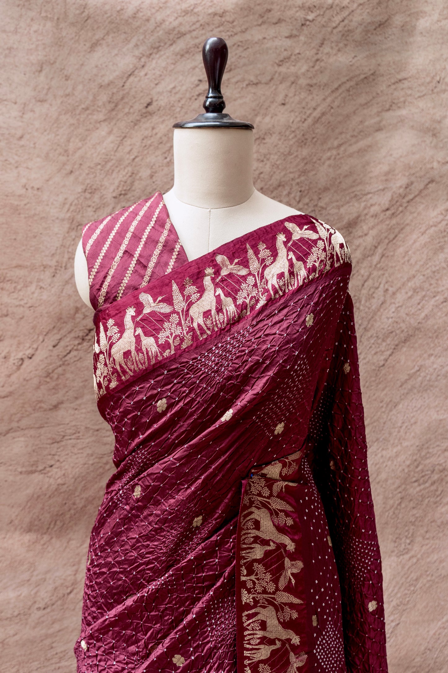 Katan Animal Weaving Satin Border Bandhej Maroon Saree