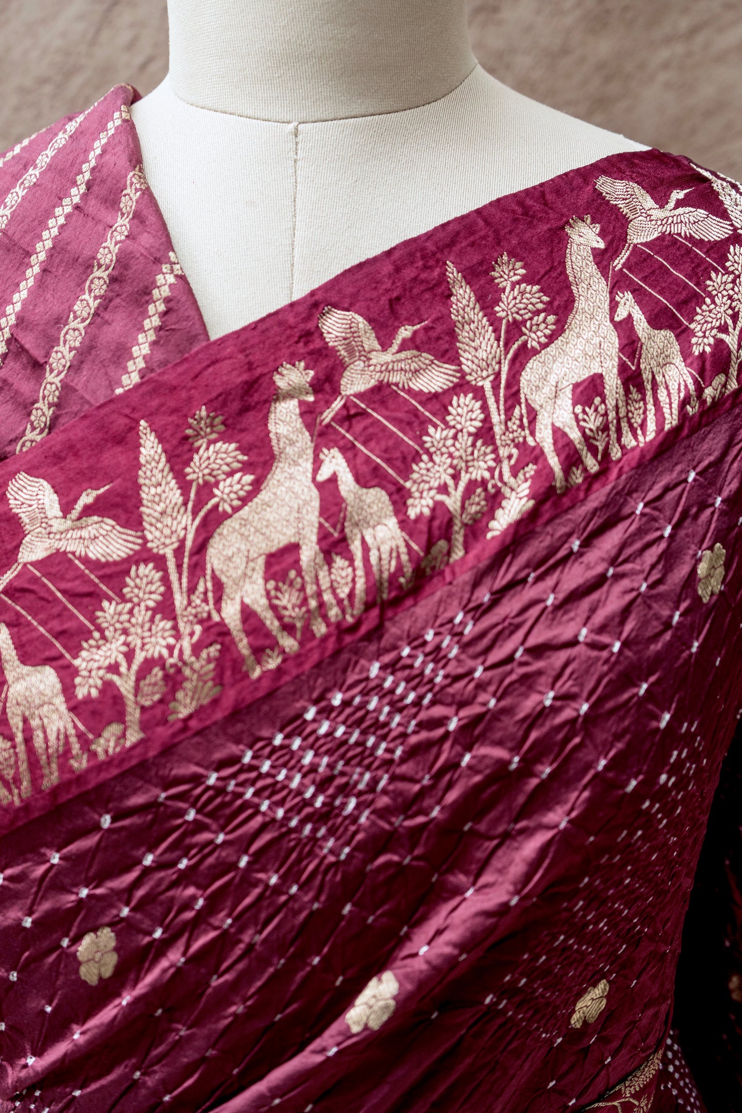 Katan Animal Weaving Satin Border Bandhej Maroon Saree