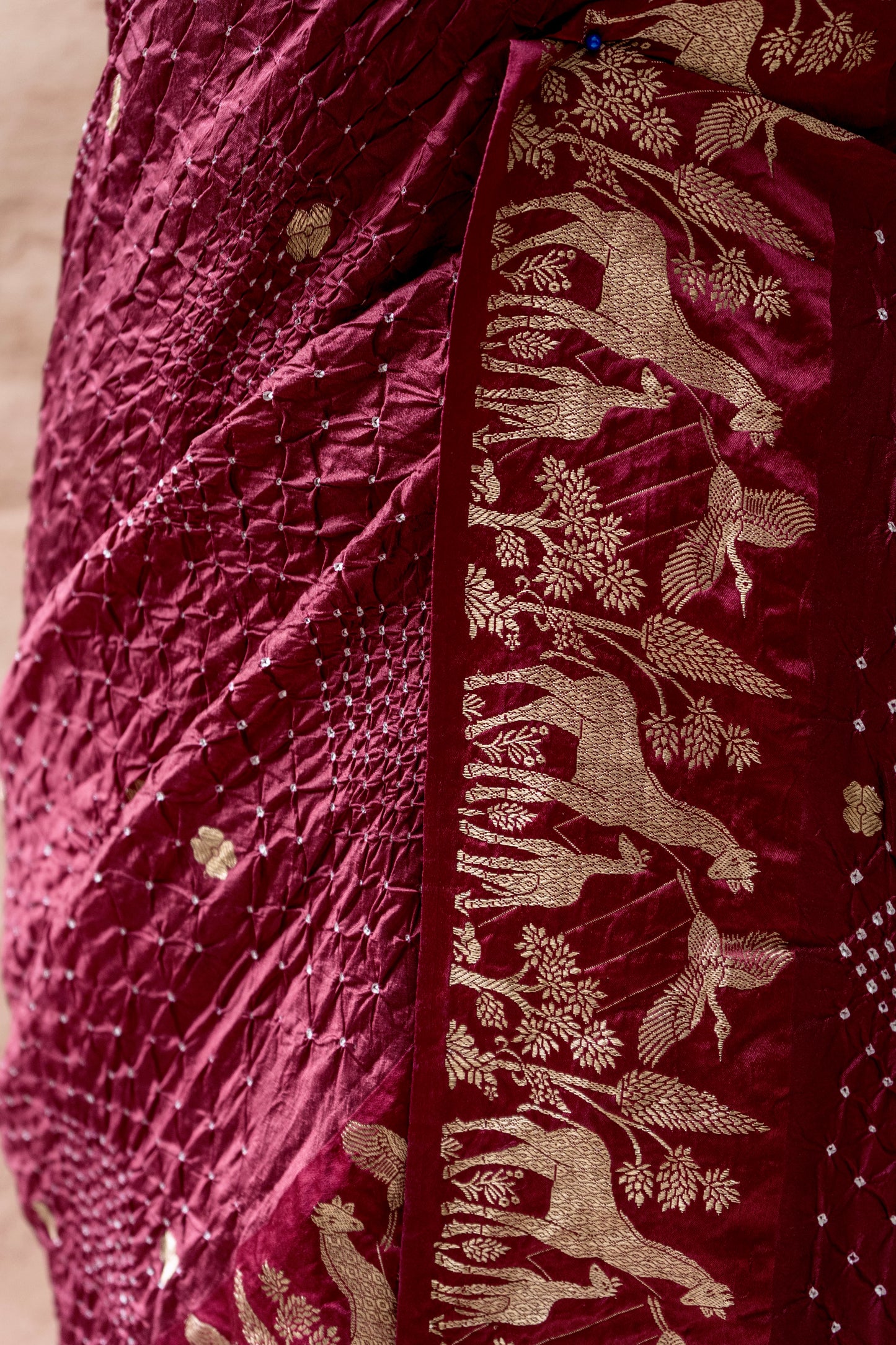 Katan Animal Weaving Satin Border Bandhej Maroon Saree