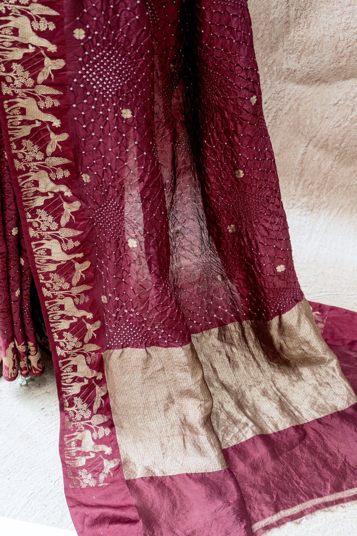 Katan Animal Weaving Satin Border Bandhej Maroon Saree