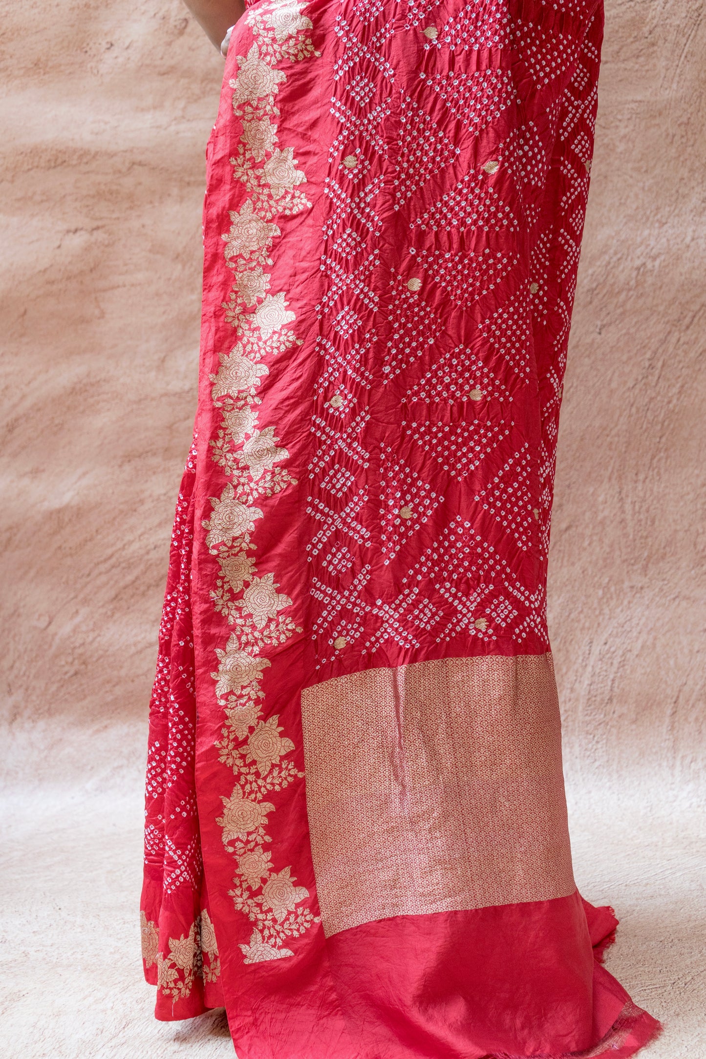 Katan Floral Weaving Satin Border Bandhej Red Saree