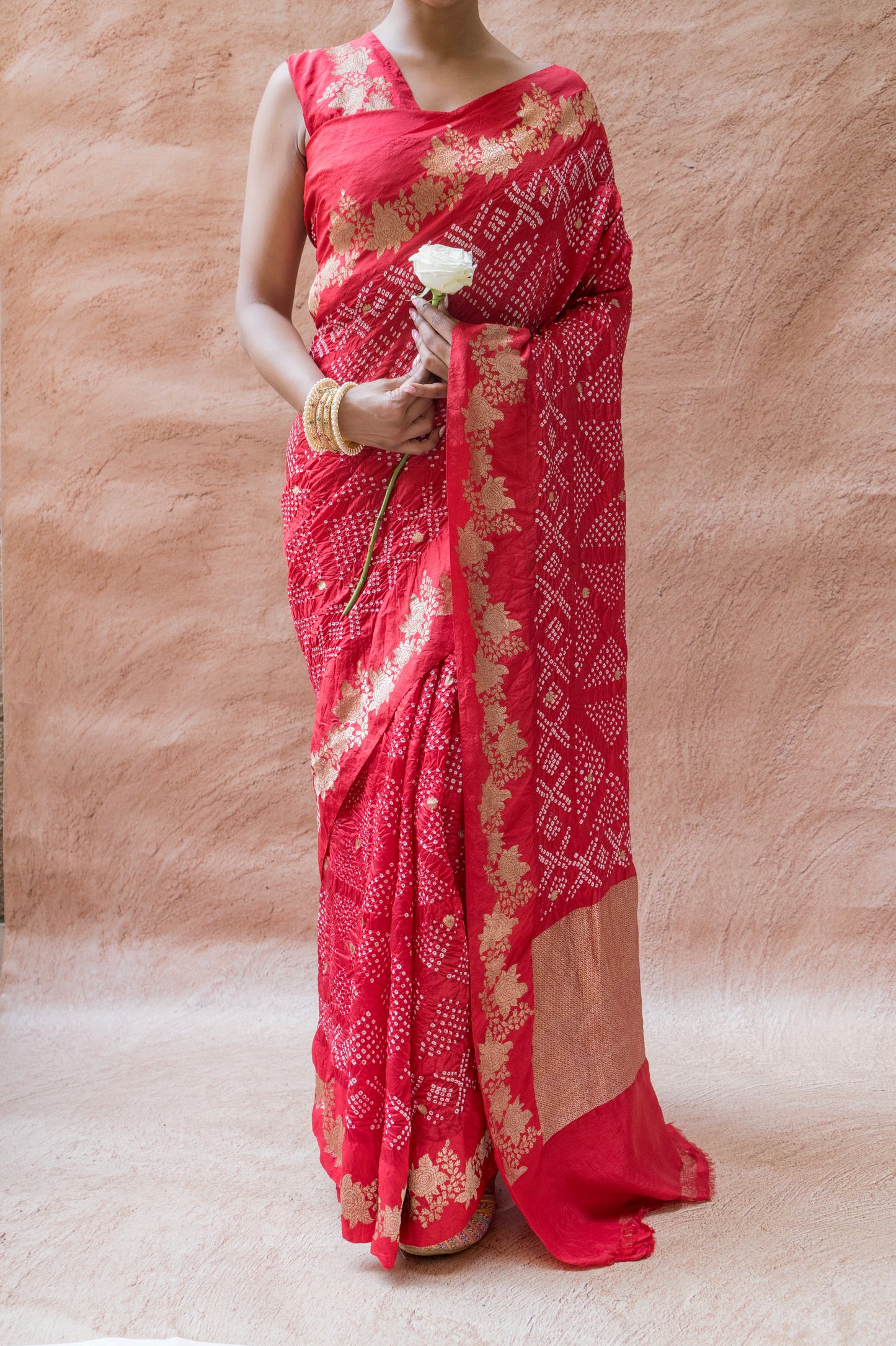 Katan Floral Weaving Satin Border Bandhej Red Saree