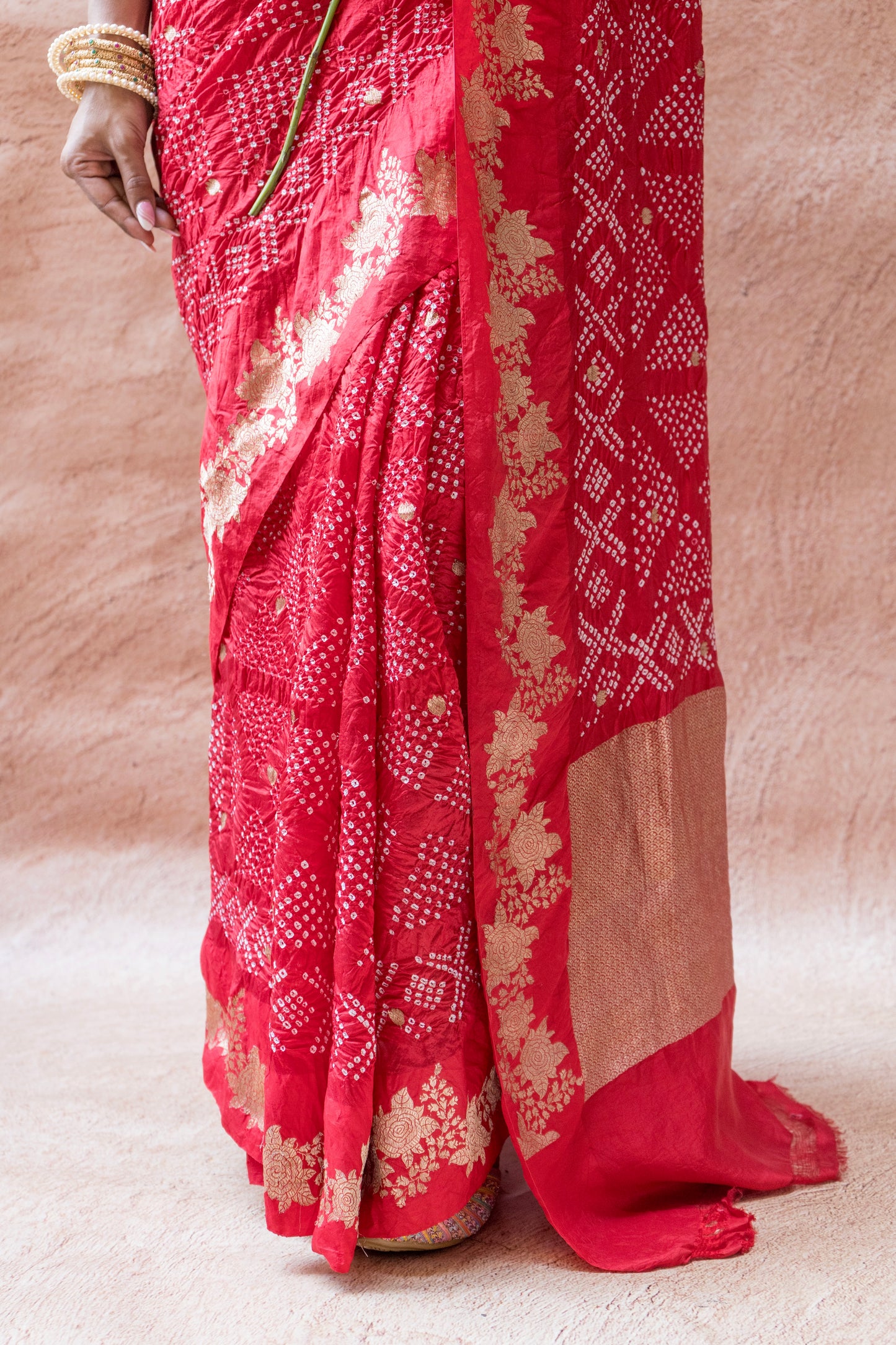 Katan Floral Weaving Satin Border Bandhej Red Saree