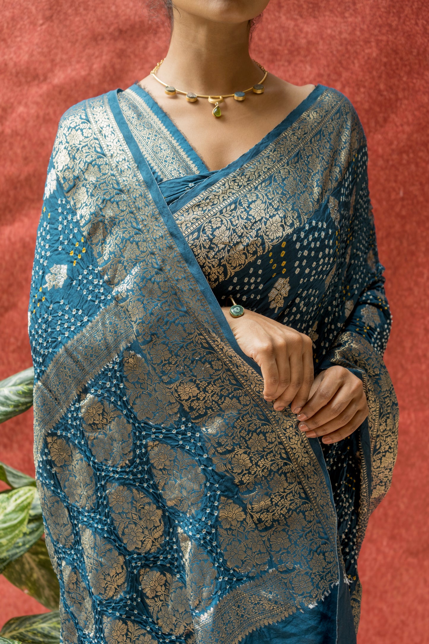Chiniya Sona Rupa Booti Bandhej- Blue Saree