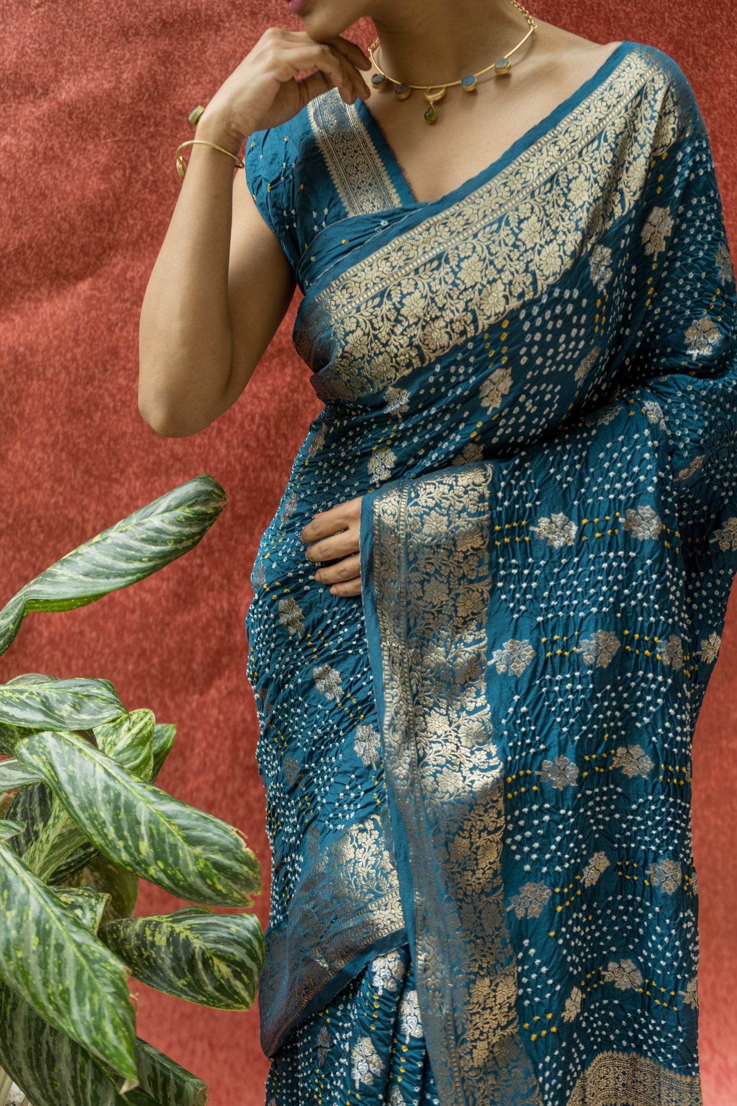 Chiniya Sona Rupa Booti Bandhej- Blue Saree