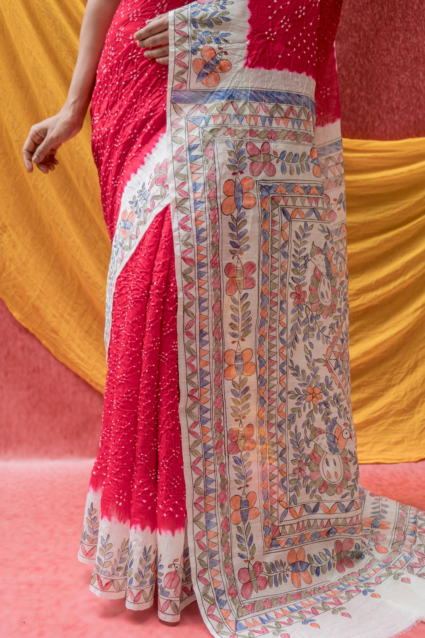 Moonga Madhubani Bandhej Red Saree