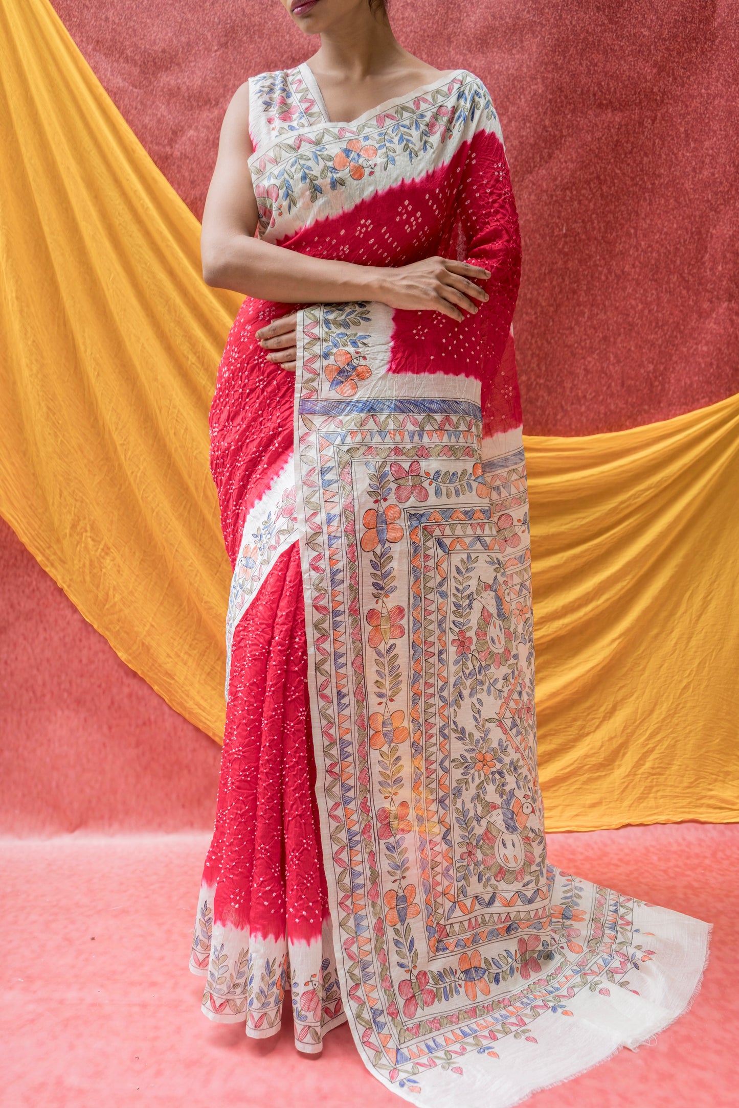 Moonga Madhubani Bandhej Red Saree
