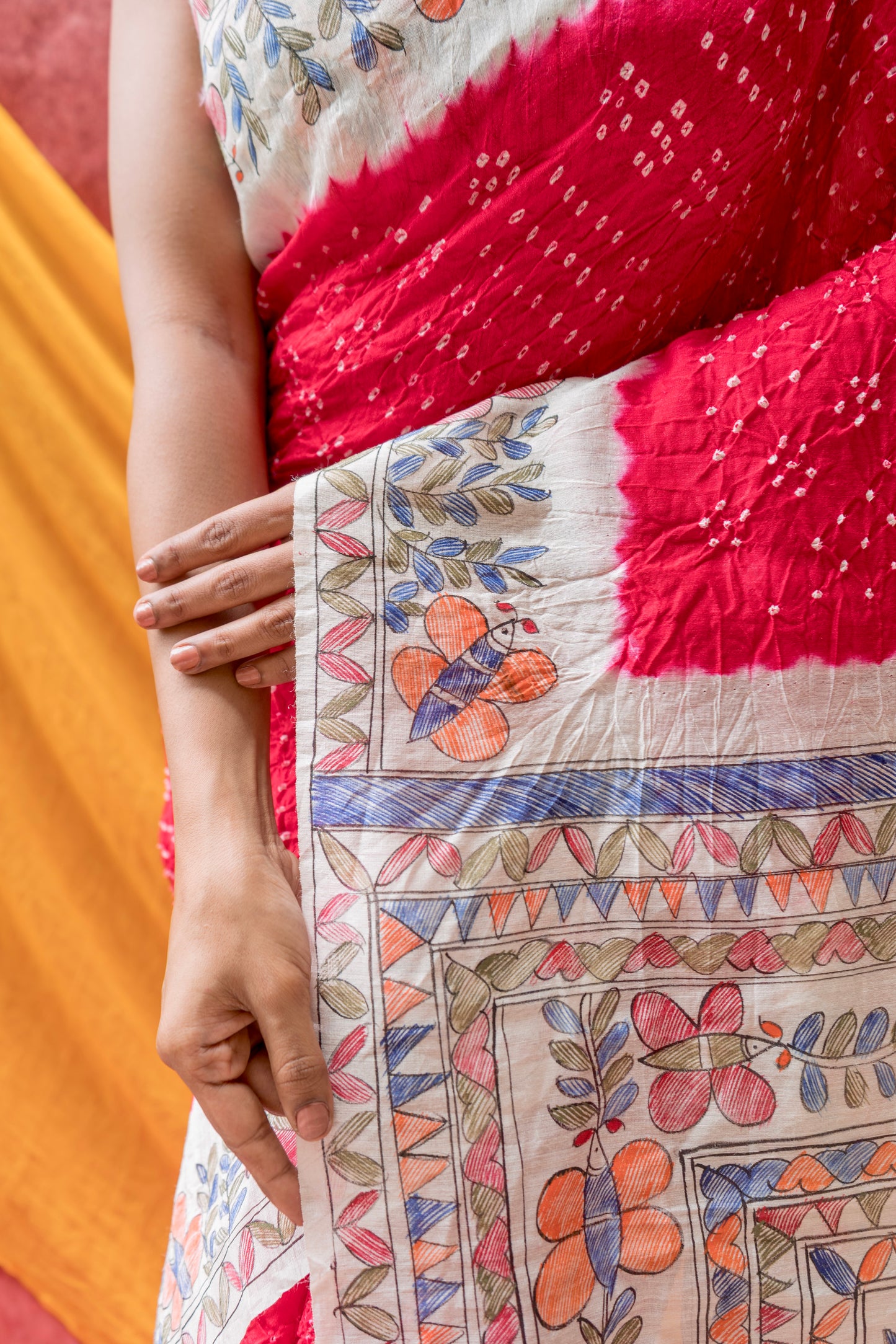 Moonga Madhubani Bandhej Red Saree