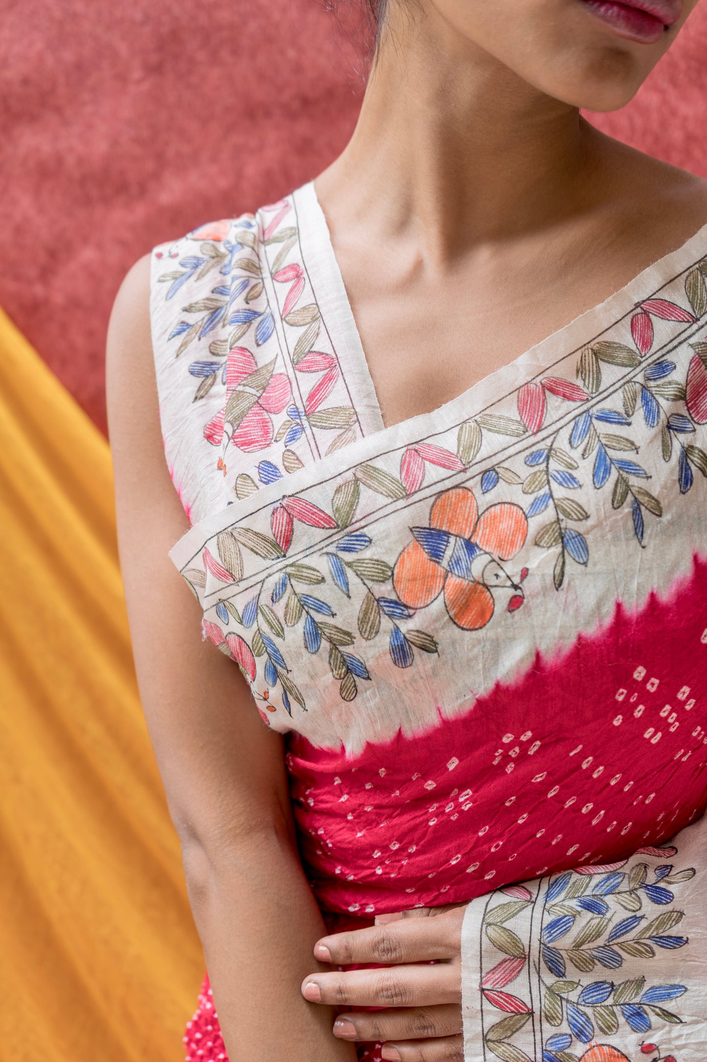 Moonga Madhubani Bandhej Red Saree