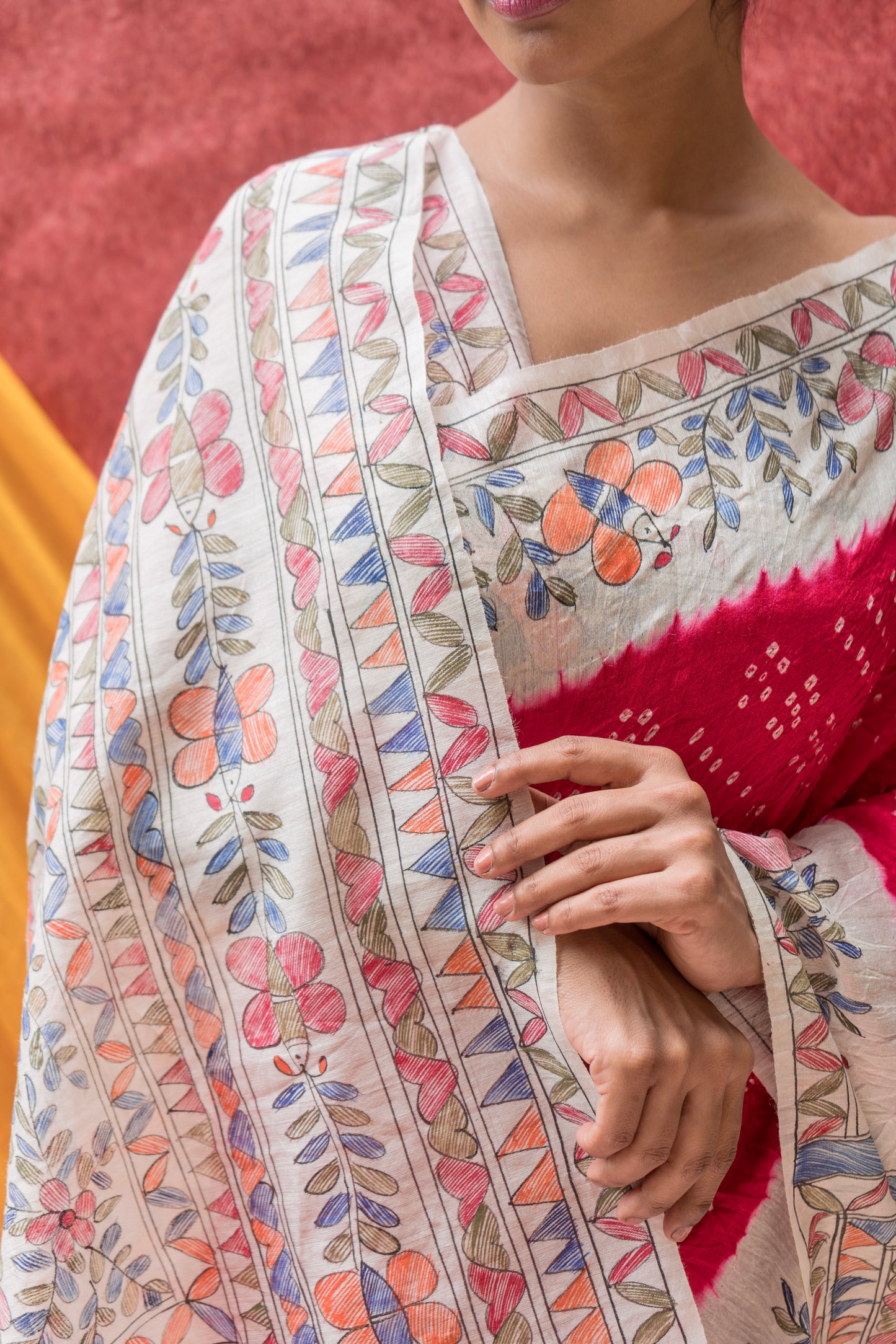 Moonga Madhubani Bandhej Red Saree