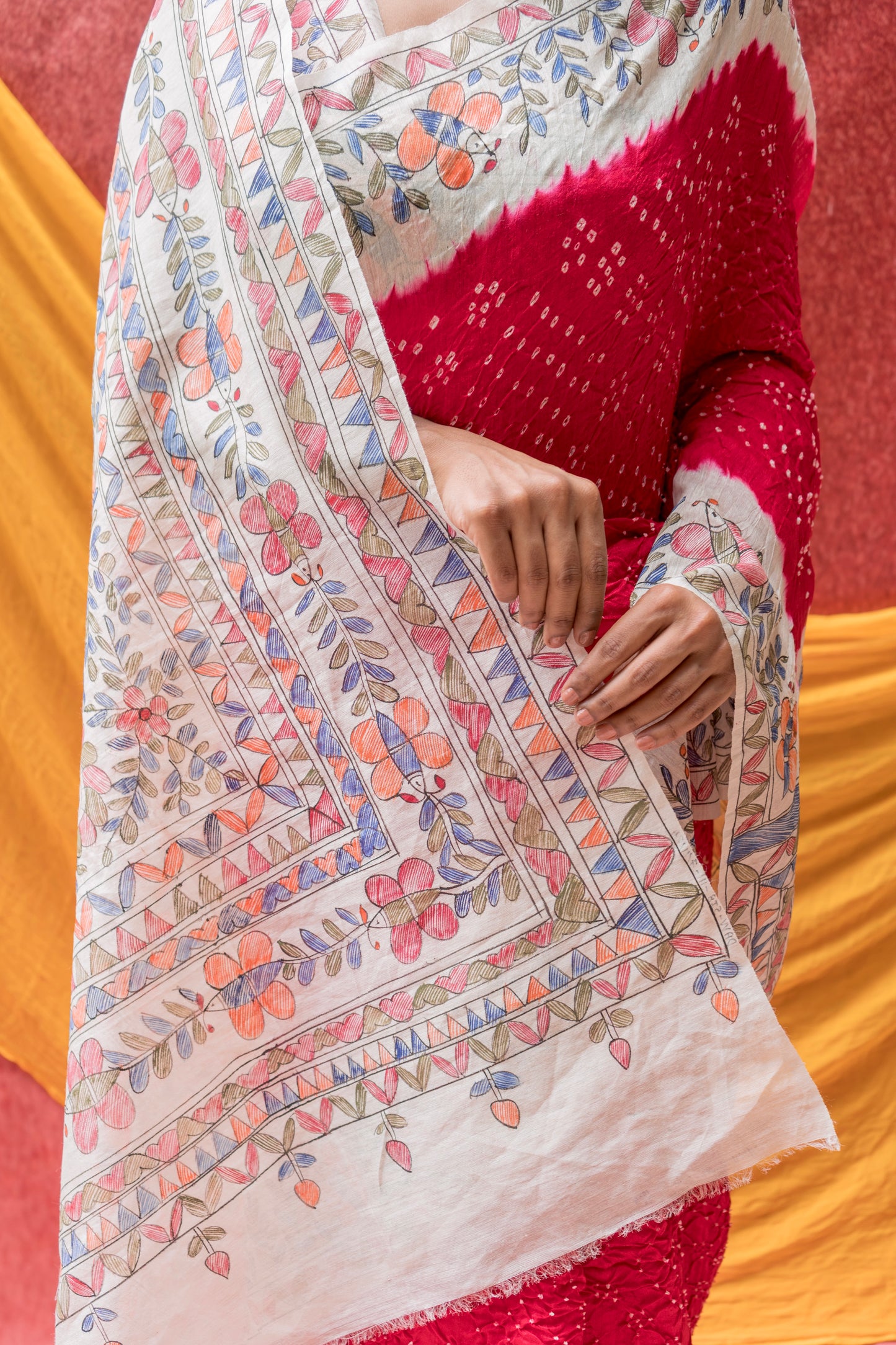 Moonga Madhubani Bandhej Red Saree
