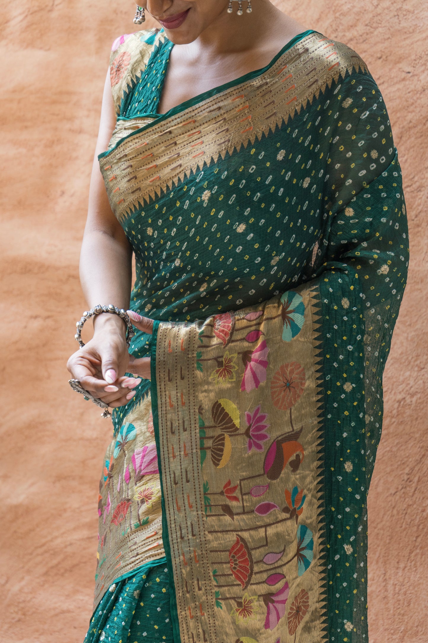 Kota Doria Meenakari Bandhej Bottle Green Saree