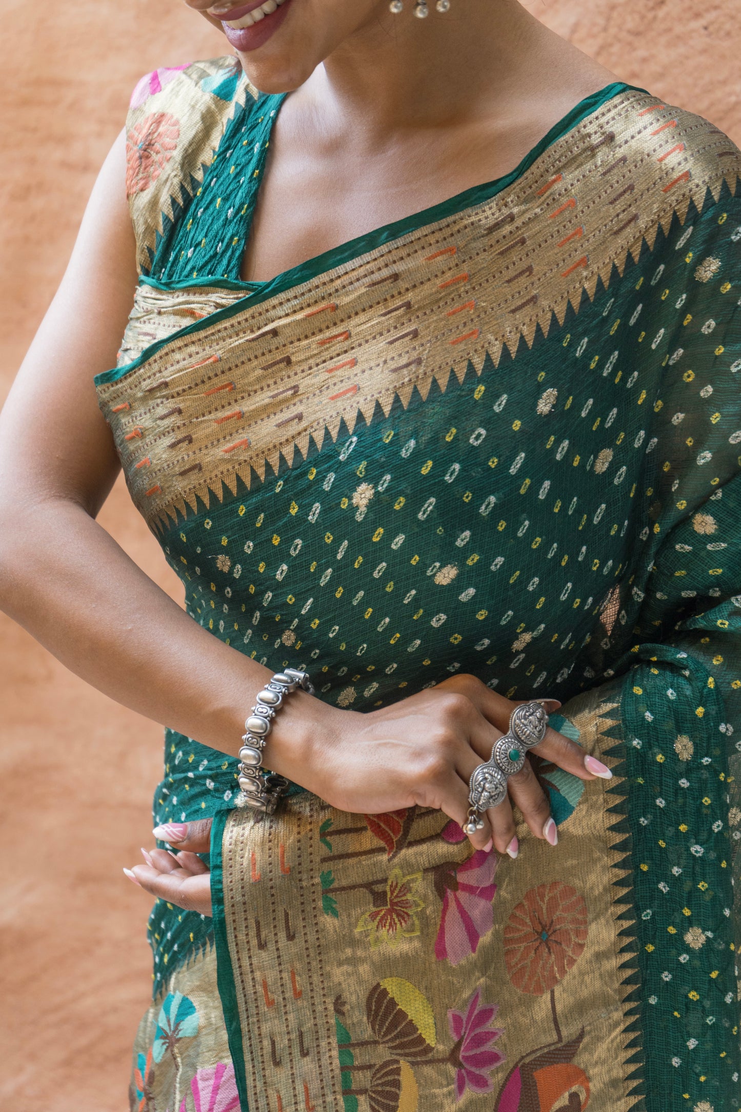 Kota Doria Meenakari Bandhej Bottle Green Saree
