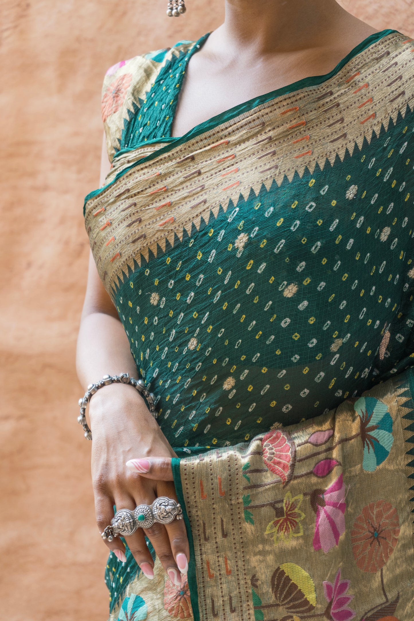 Kota Doria Meenakari Bandhej Bottle Green Saree