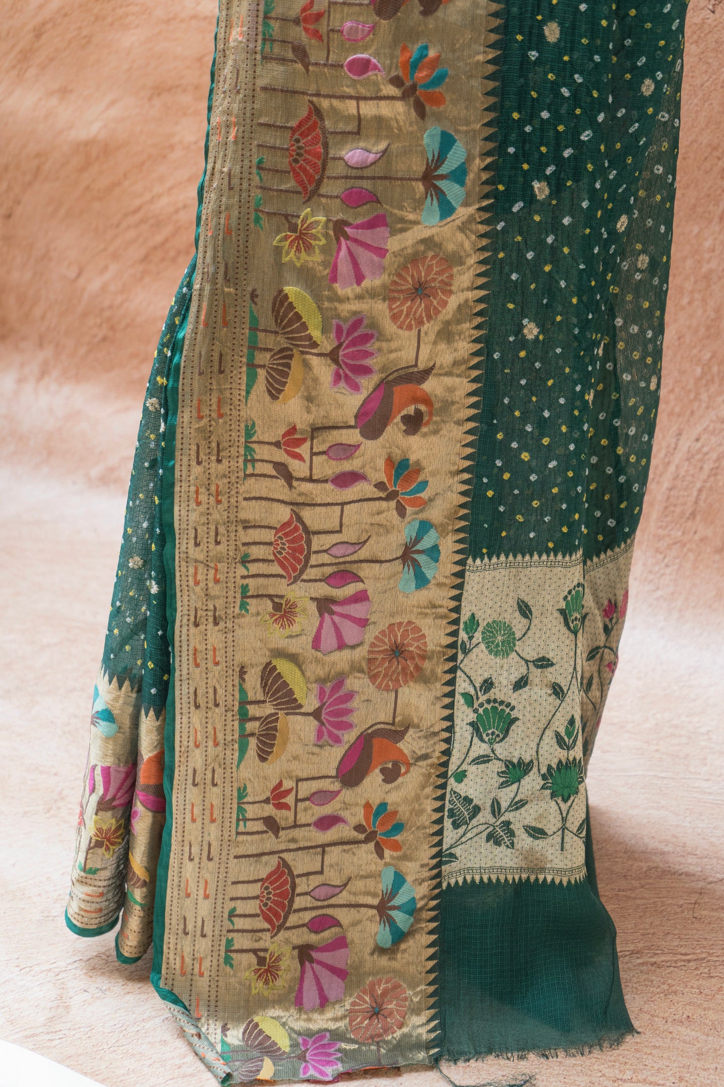 Kota Doria Meenakari Bandhej Bottle Green Saree