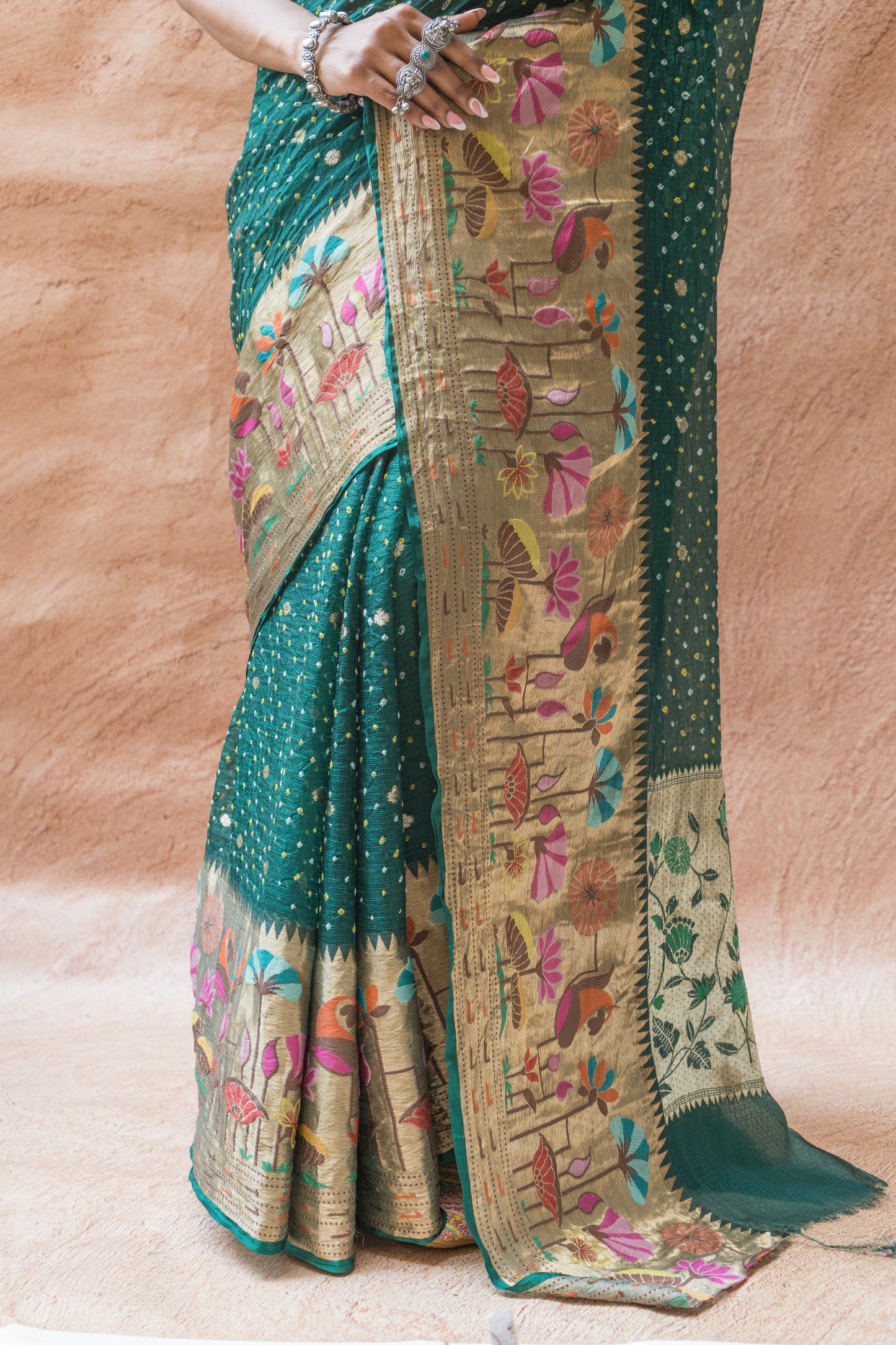 Kota Doria Meenakari Bandhej Bottle Green Saree